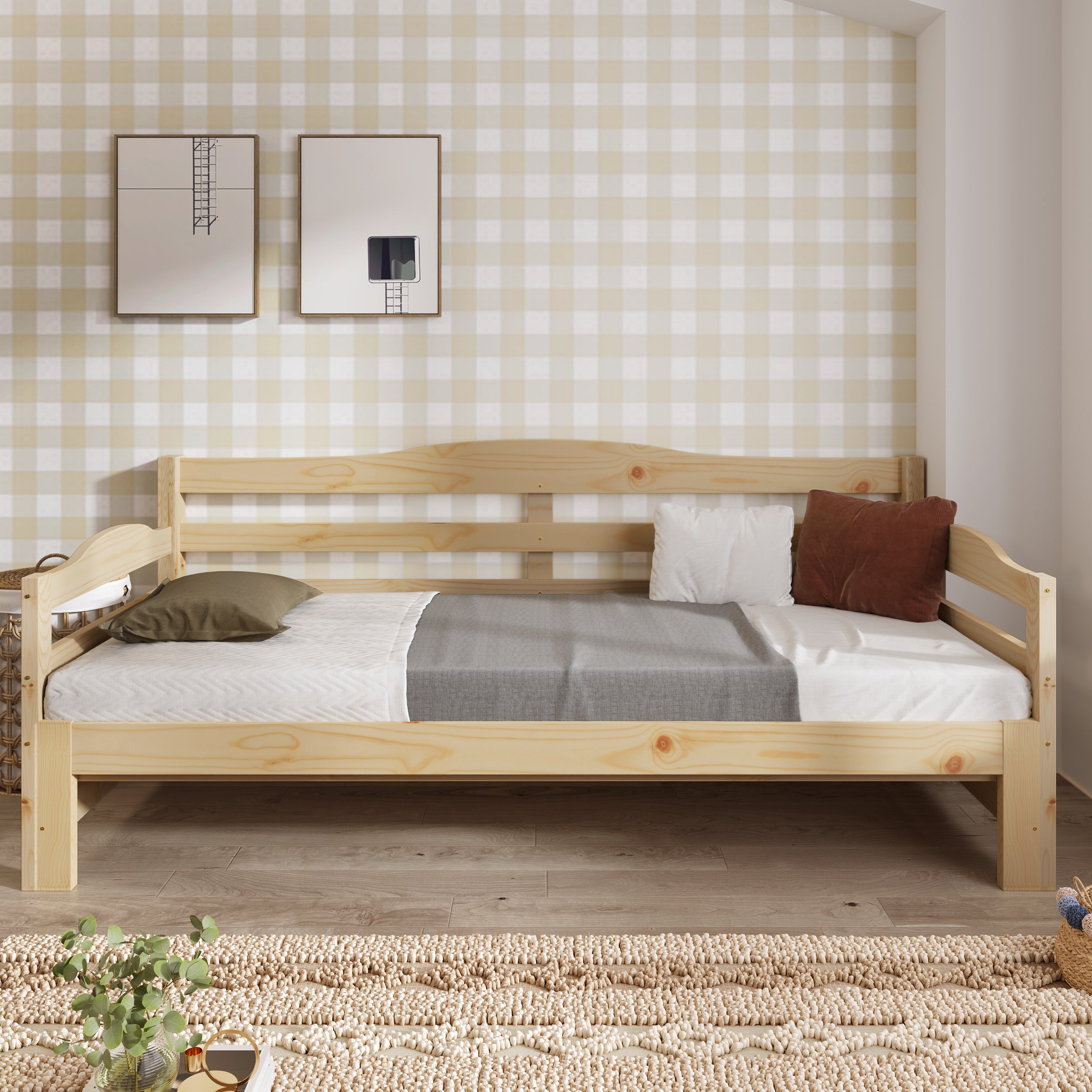 3FT Daybed Cabin Bed Single Guest Bed Sofa Bed, Pull out Trundle for Living Room and Bedroom, 90 x 190 cm, Natural