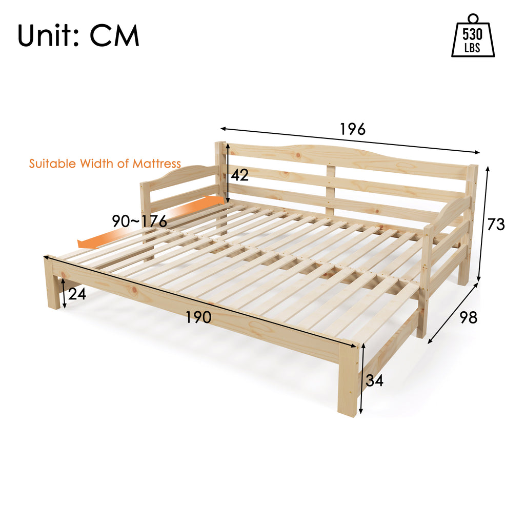 Daybed Cabin Bed SIngle Guest Bed Sofa Bed, Pull out Trundle for Living Room and Bedroom - (3 FT) 90 x190 cm -Natural