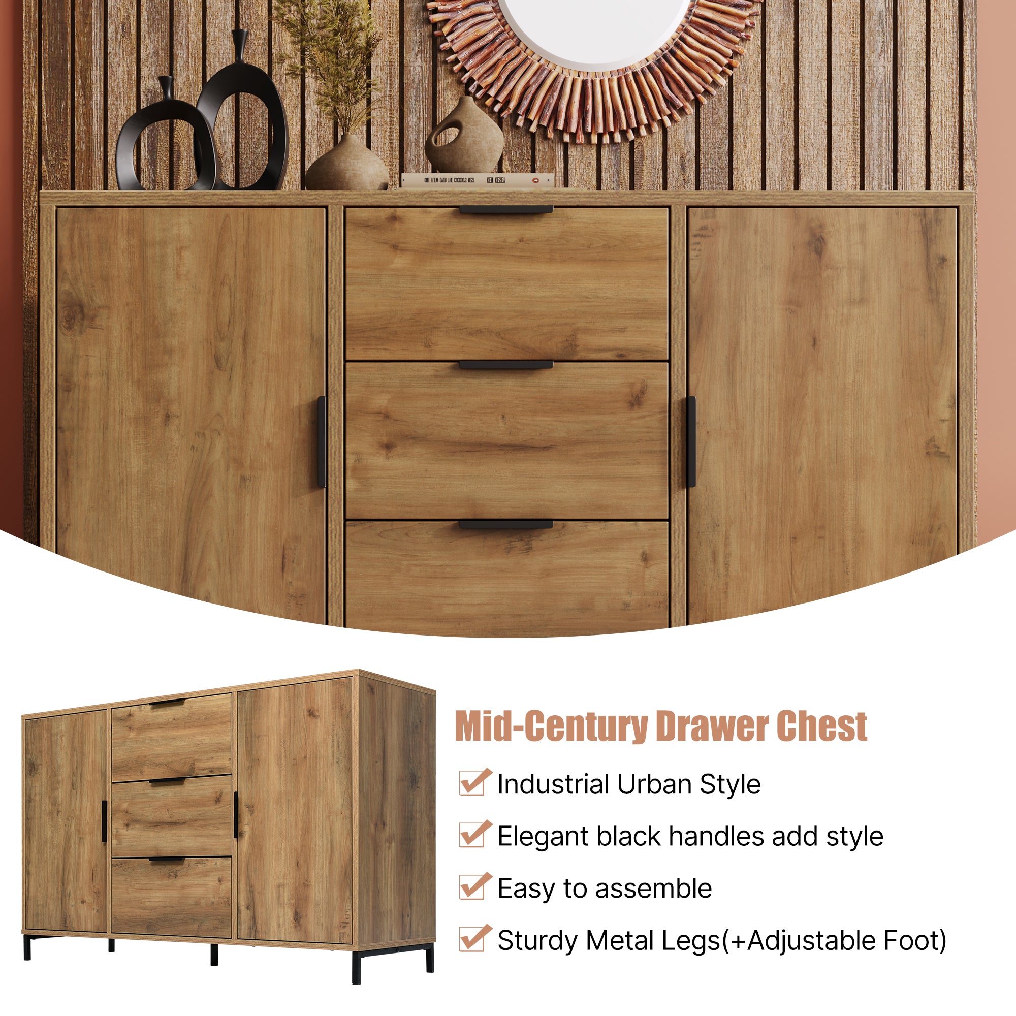 Sideboard Cabinet for Living Room, Chest of Drawers with with 2 doors and 3 drawers, Adjustable shelf, Dark Oak, 40D x 120W x 76H centimetres