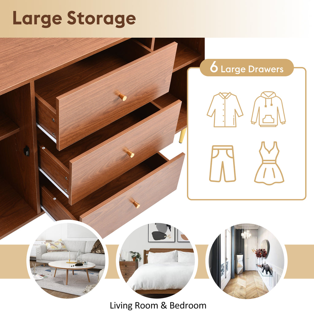 (=835960AAT) Rattan Sideboard Cabinet for Living Room, Chest of Drawers, Sideboard with 2 Doors and 3 Drawers, Adjustable Shelf, Walnut -90H/150W/40D cm