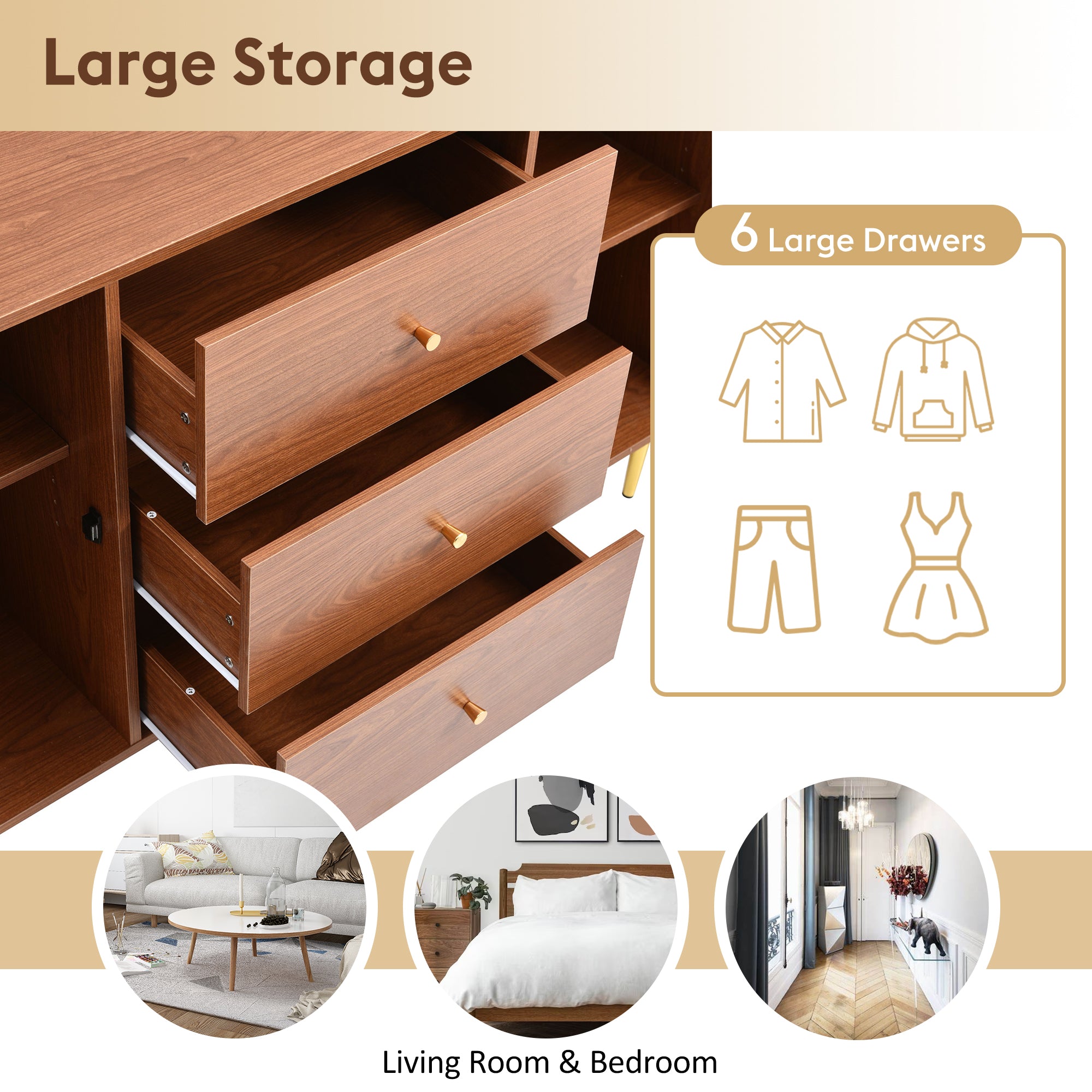 Rattan Sideboard Cabinet for Living Room, Chest of Drawers with with 2 doors and 3 drawers, Adjustable shelf, Walnut -90H/150W/40D cm