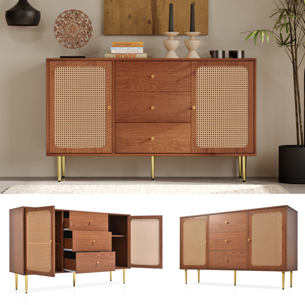 (=835960AAT) Rattan Sideboard Cabinet for Living Room, Chest of Drawers, Sideboard with 2 Doors and 3 Drawers, Adjustable Shelf, Walnut -90H/150W/40D cm