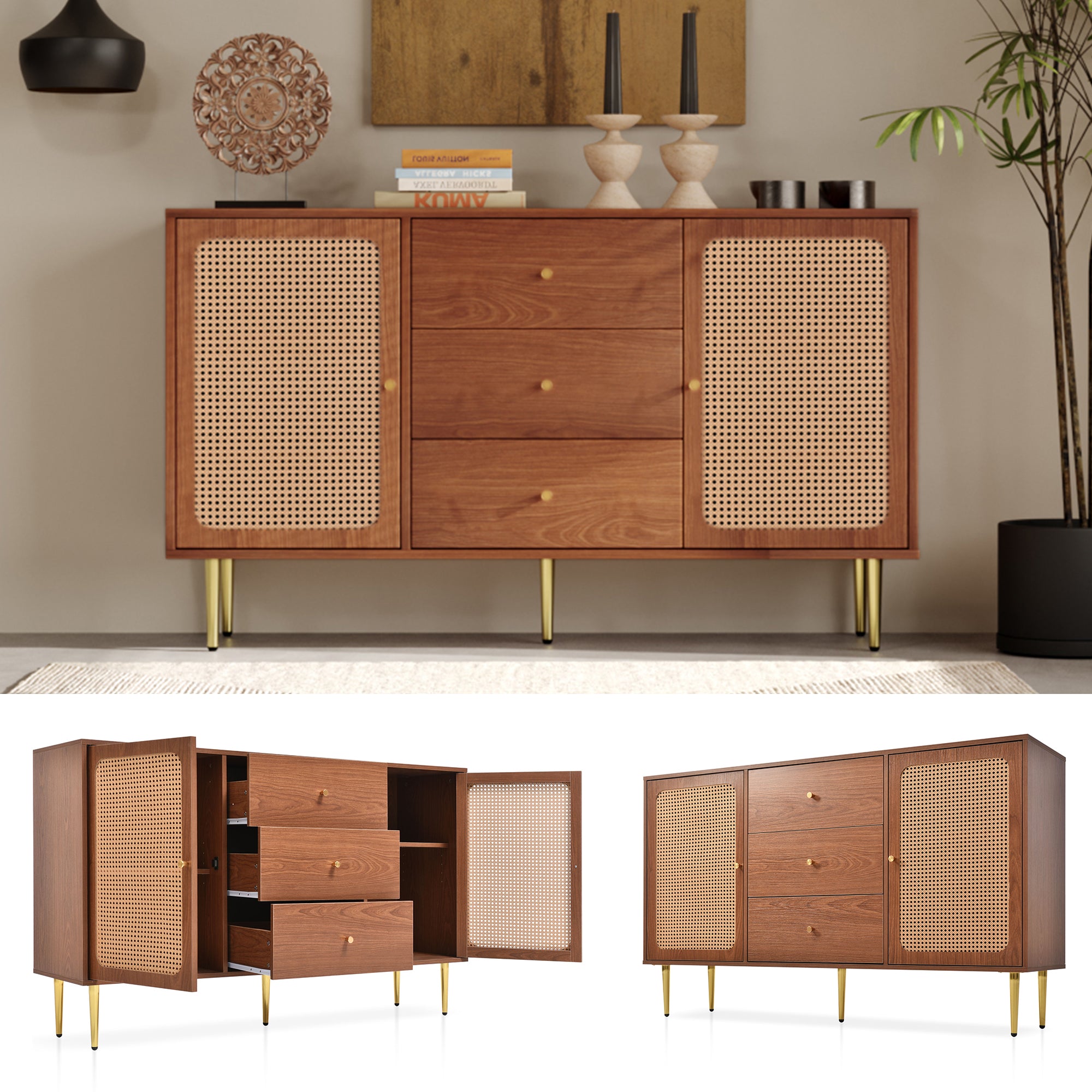 (=835960AAT) Rattan Sideboard Cabinet for Living Room, Chest of Drawers, Sideboard with 2 Doors and 3 Drawers, Adjustable Shelf, Walnut -90H/150W/40D cm