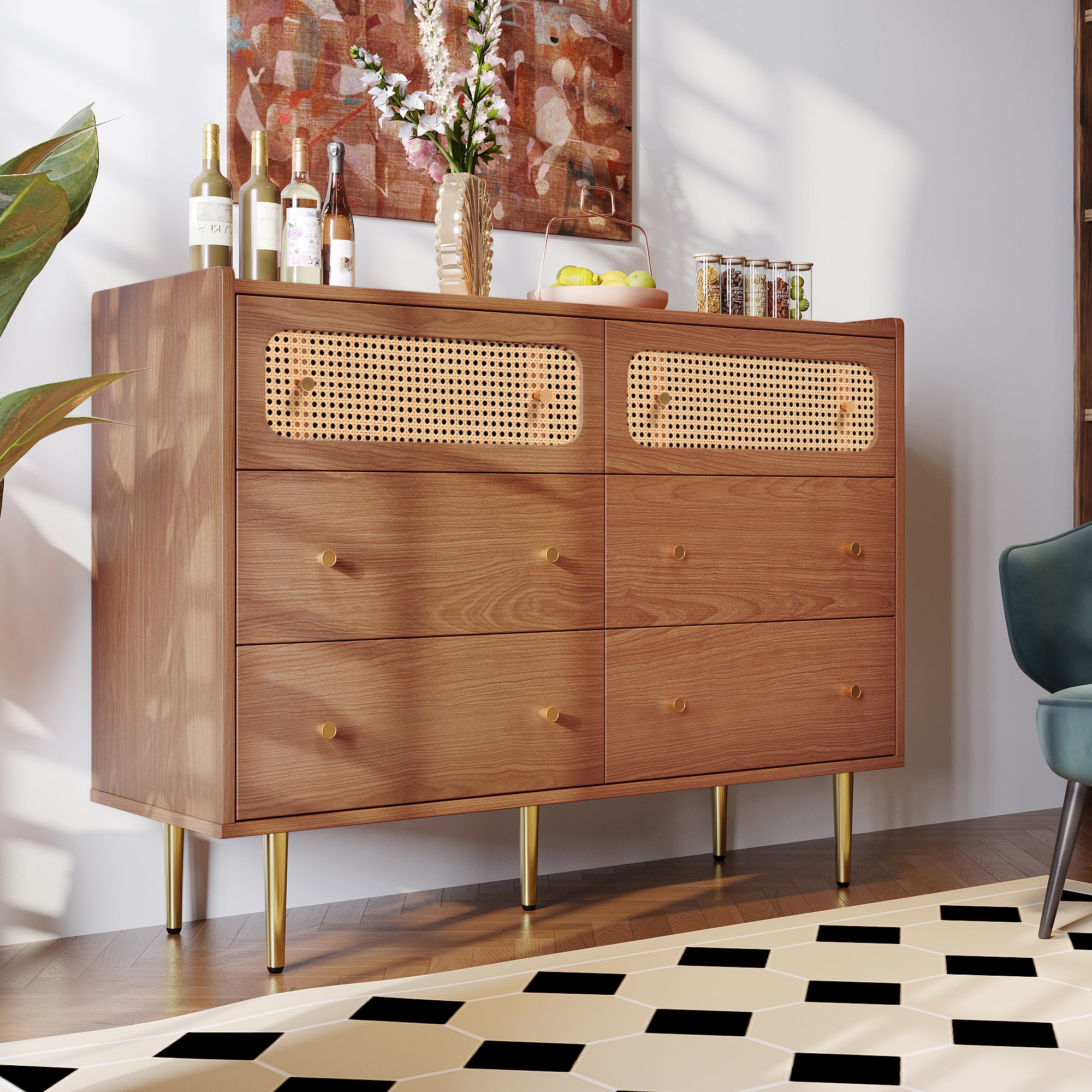 Rattan Sideboard Cabinet for Living Room, Chest of Drawers with 6 drawers, Walnut -40D x 120W x 90H centimetres
