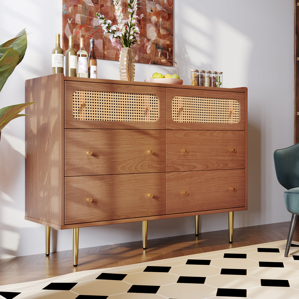 (=835758AAT) Rattan Sideboard Cabinet for Living Room, Chest of Drawers with 6 drawers, Walnut - 40D x 120W x 90H cm
