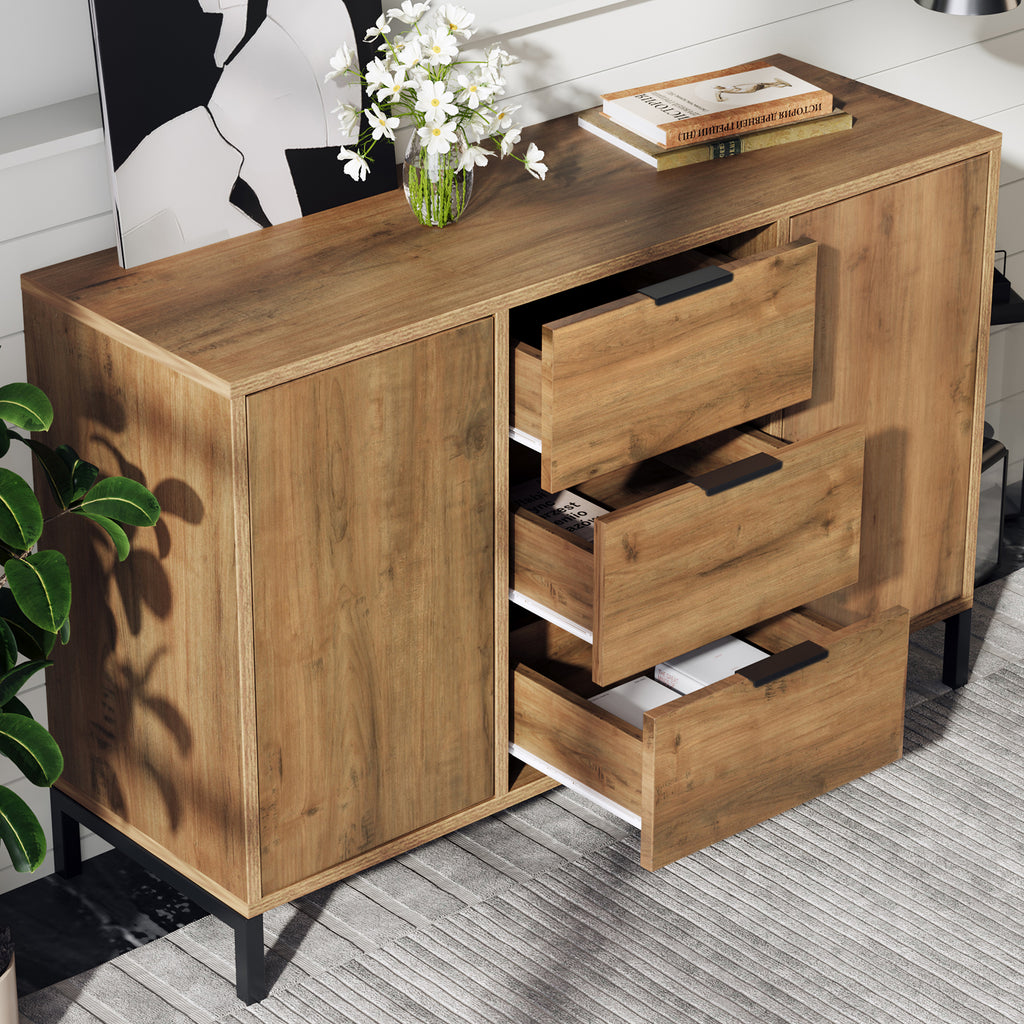 Sideboard Cabinet for Living Room, Chest of Drawers with with 2 doors and 3 drawers, Adjustable shelf, Dark Oak, 40D x 120W x 76H centimetres
