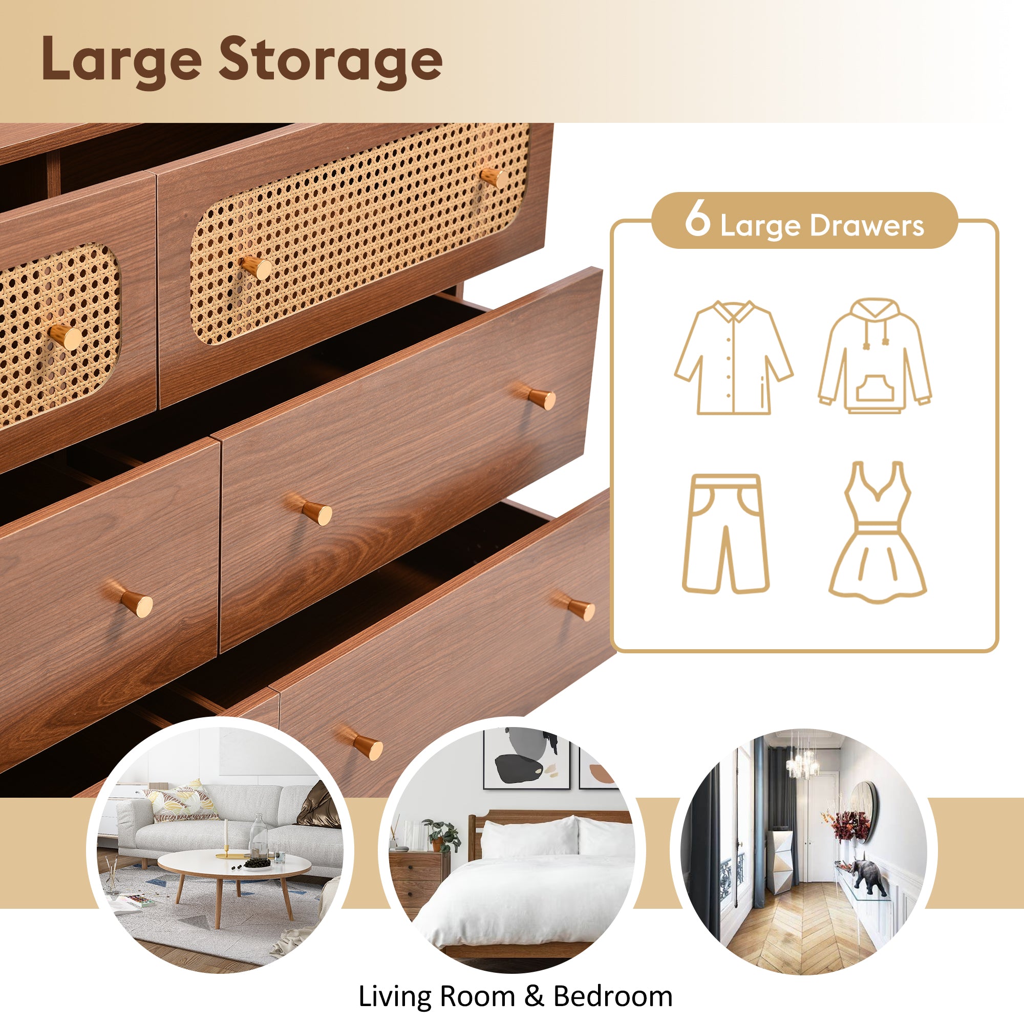 (=835758AAT) Rattan Sideboard Cabinet for Living Room, Chest of Drawers with 6 drawers, Walnut - 40D x 120W x 90H cm