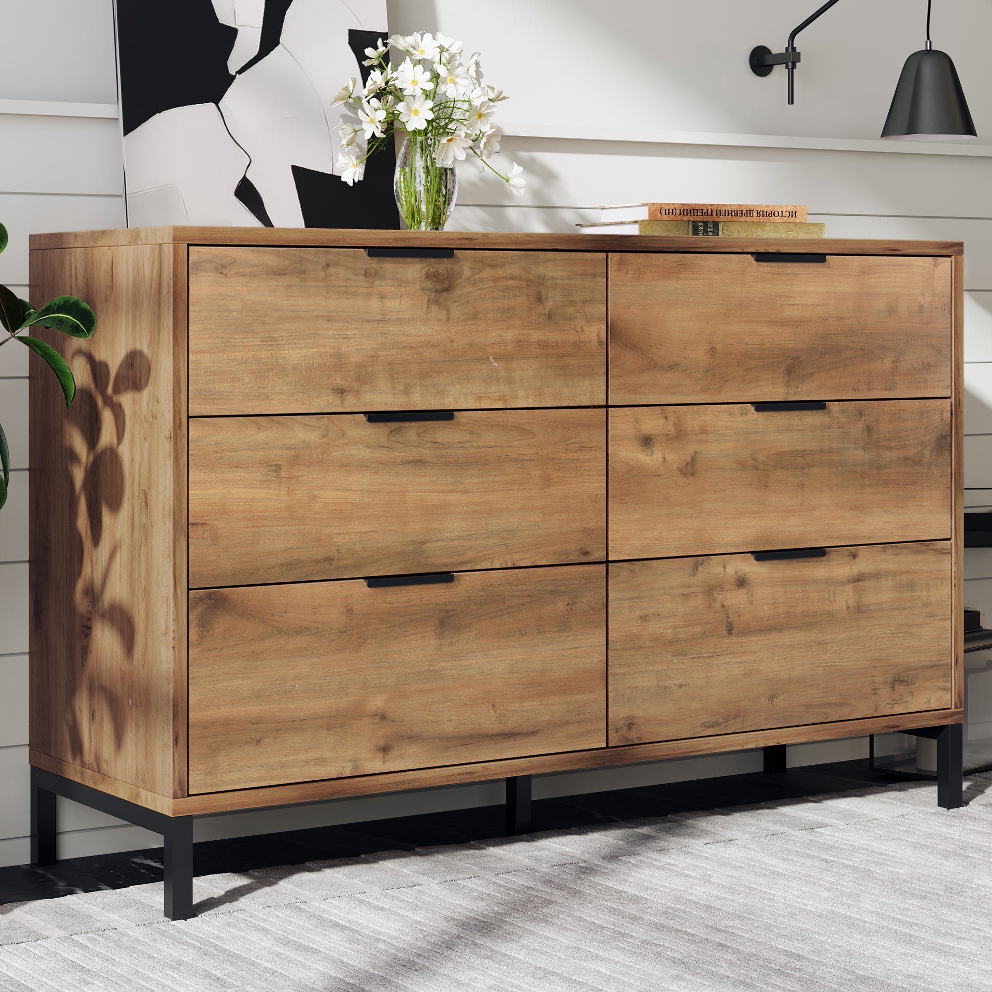 Sideboard Cabinet for Living Room, Chest of Drawers with 6 drawers, Dark Oak, 40D x 120W x 76H centimetres