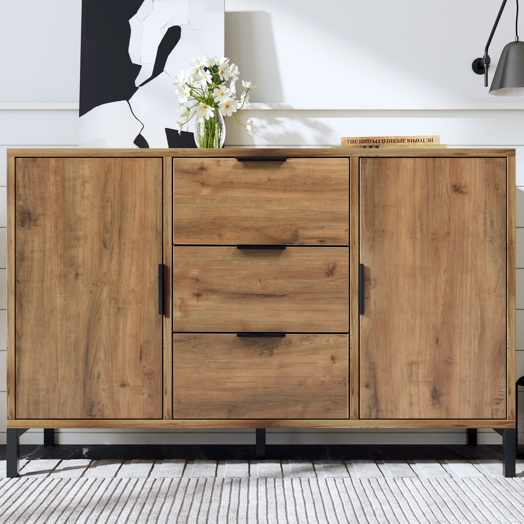 Sideboard Cabinet for Living Room, Chest of Drawers with with 2 doors and 3 drawers, Adjustable shelf, Dark Oak, 40D x 120W x 76H centimetres