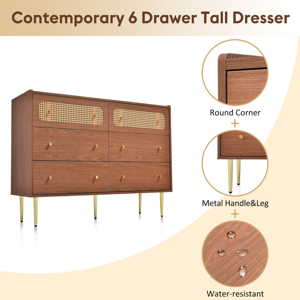 (=835758AAT) Rattan Sideboard Cabinet for Living Room, Chest of Drawers with 6 drawers, Walnut - 40D x 120W x 90H cm