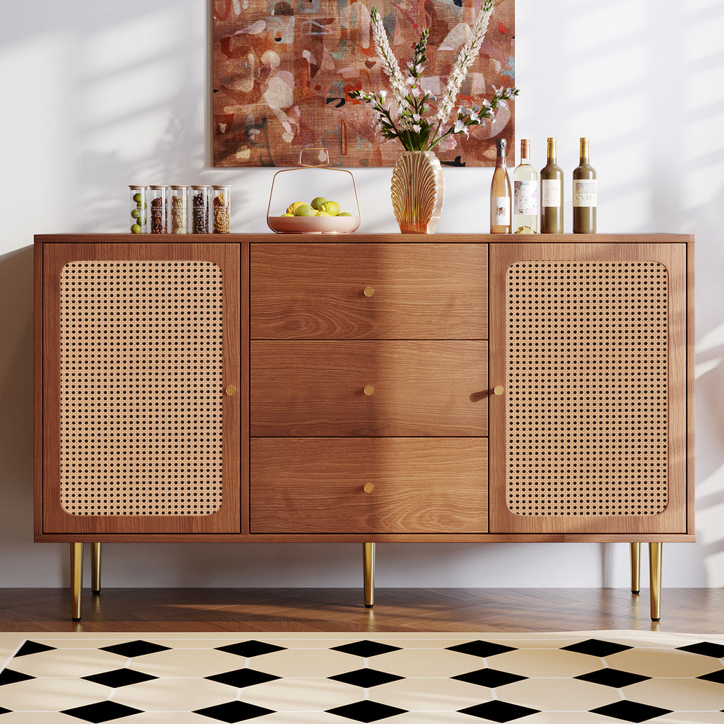 Rattan Sideboard Cabinet for Living Room, Chest of Drawers with with 2 doors and 3 drawers, Adjustable shelf, Walnut -90H/150W/40D cm