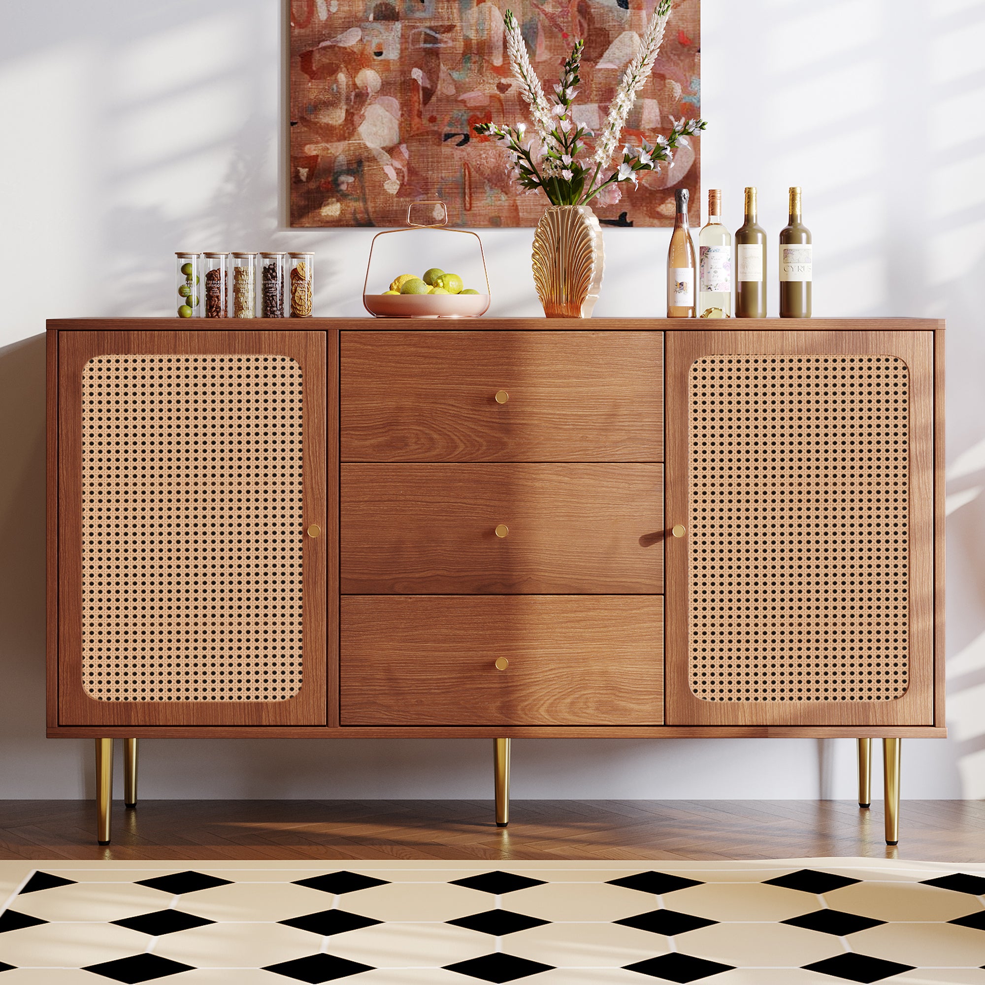 Rattan Sideboard Cabinet for Living Room, Chest of Drawers with with 2 doors and 3 drawers, Adjustable shelf, Walnut -90H/150W/40D cm
