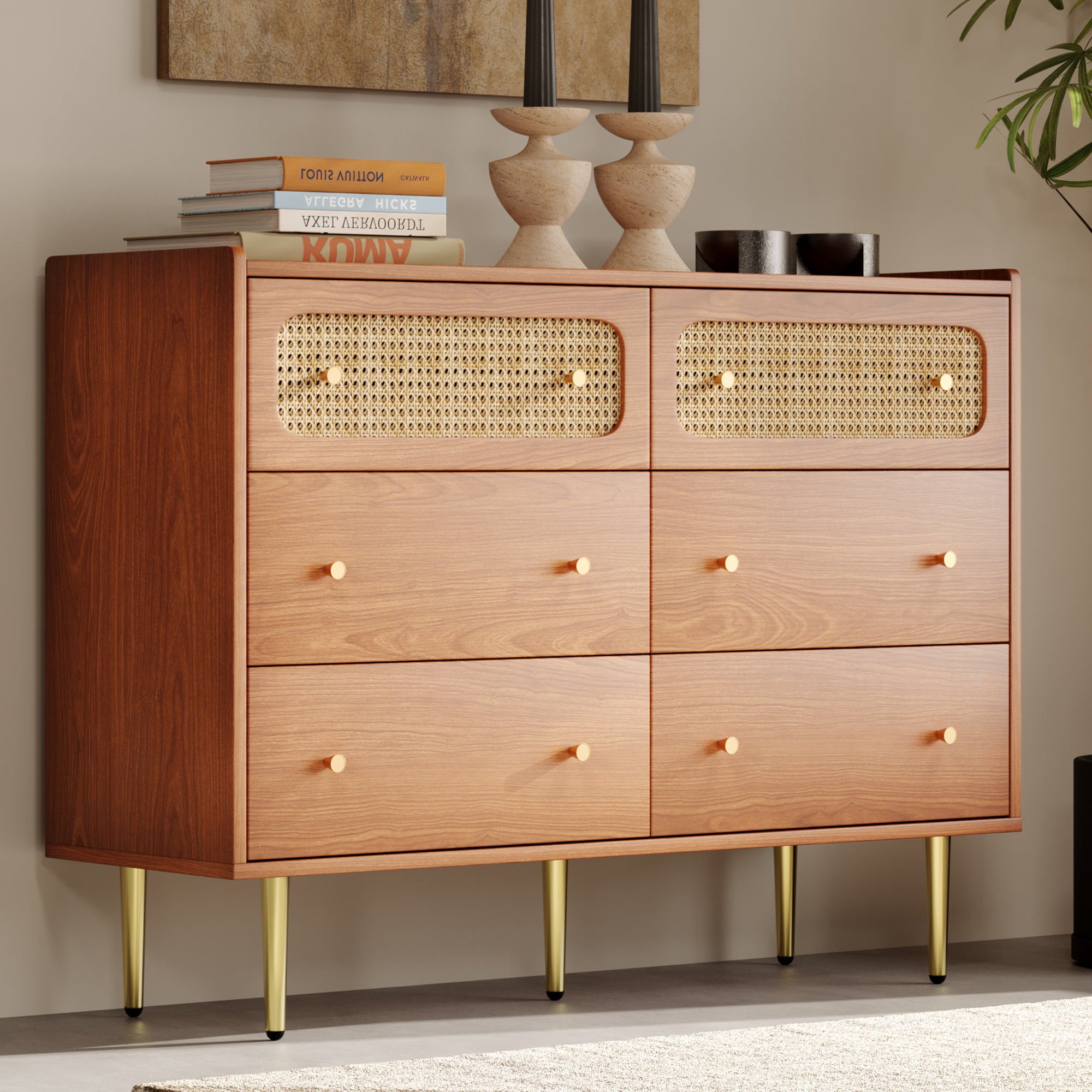 (=835758AAT) Rattan Sideboard Cabinet for Living Room, Chest of Drawers with 6 drawers, Walnut - 40D x 120W x 90H cm
