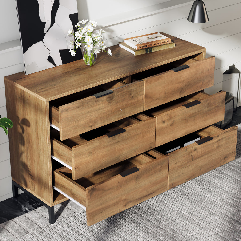 Sideboard Cabinet for Living Room, Chest of Drawers with 6 drawers, Dark Oak, 40D x 120W x 76H centimetres