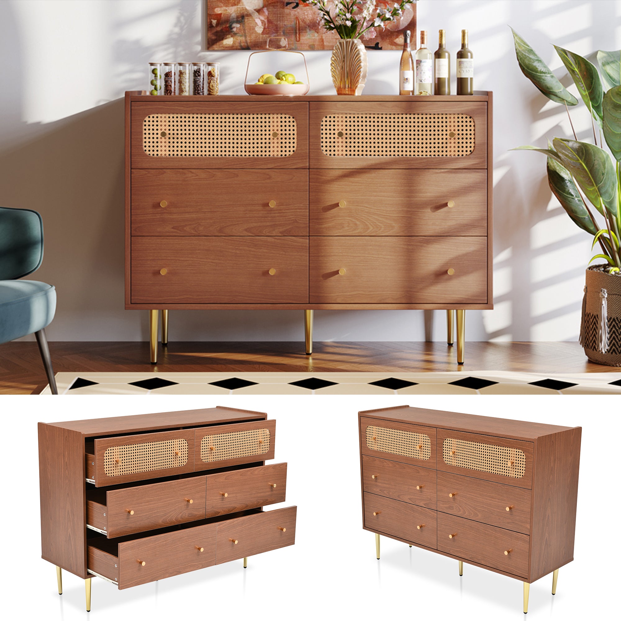 Rattan Sideboard Cabinet for Living Room, Chest of Drawers with 6 drawers, Walnut -40D x 120W x 90H centimetres