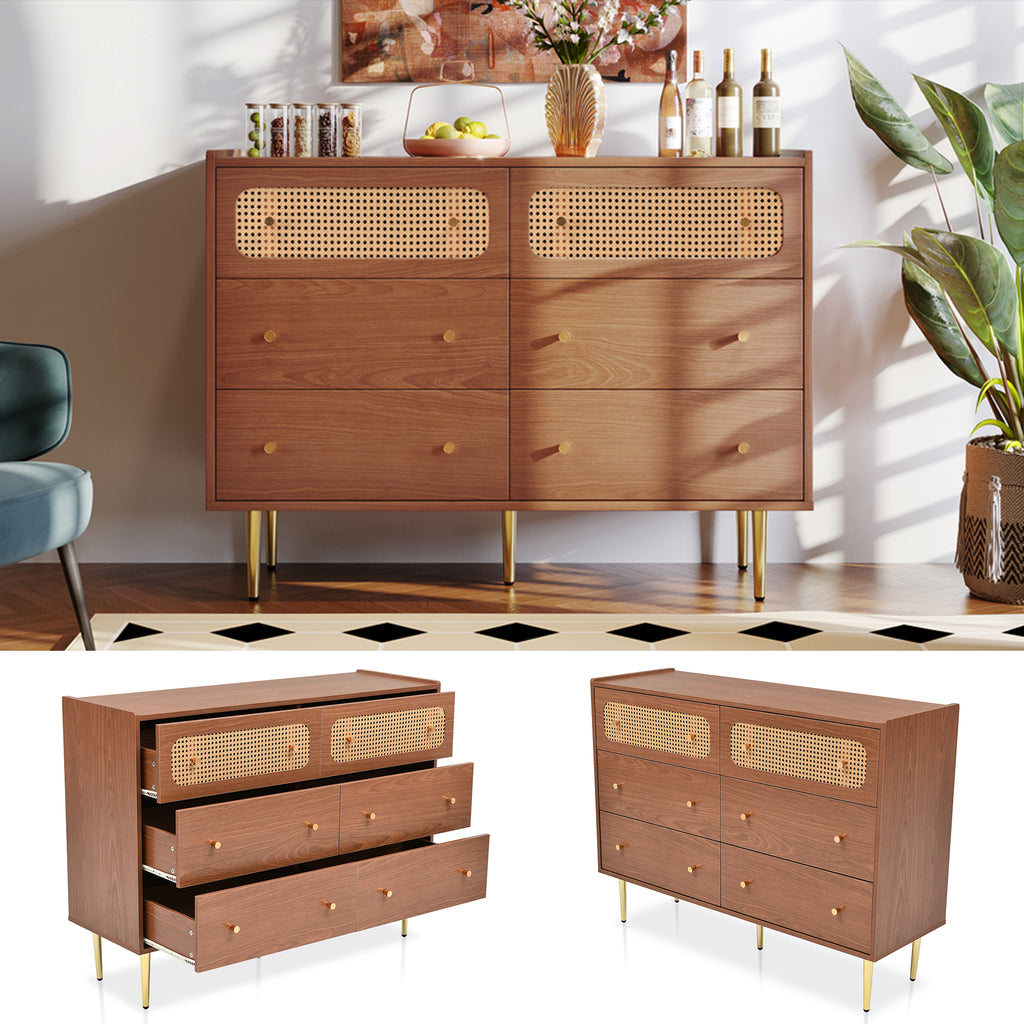 (=835758AAT) Rattan Sideboard Cabinet for Living Room, Chest of Drawers with 6 drawers, Walnut - 40D x 120W x 90H cm