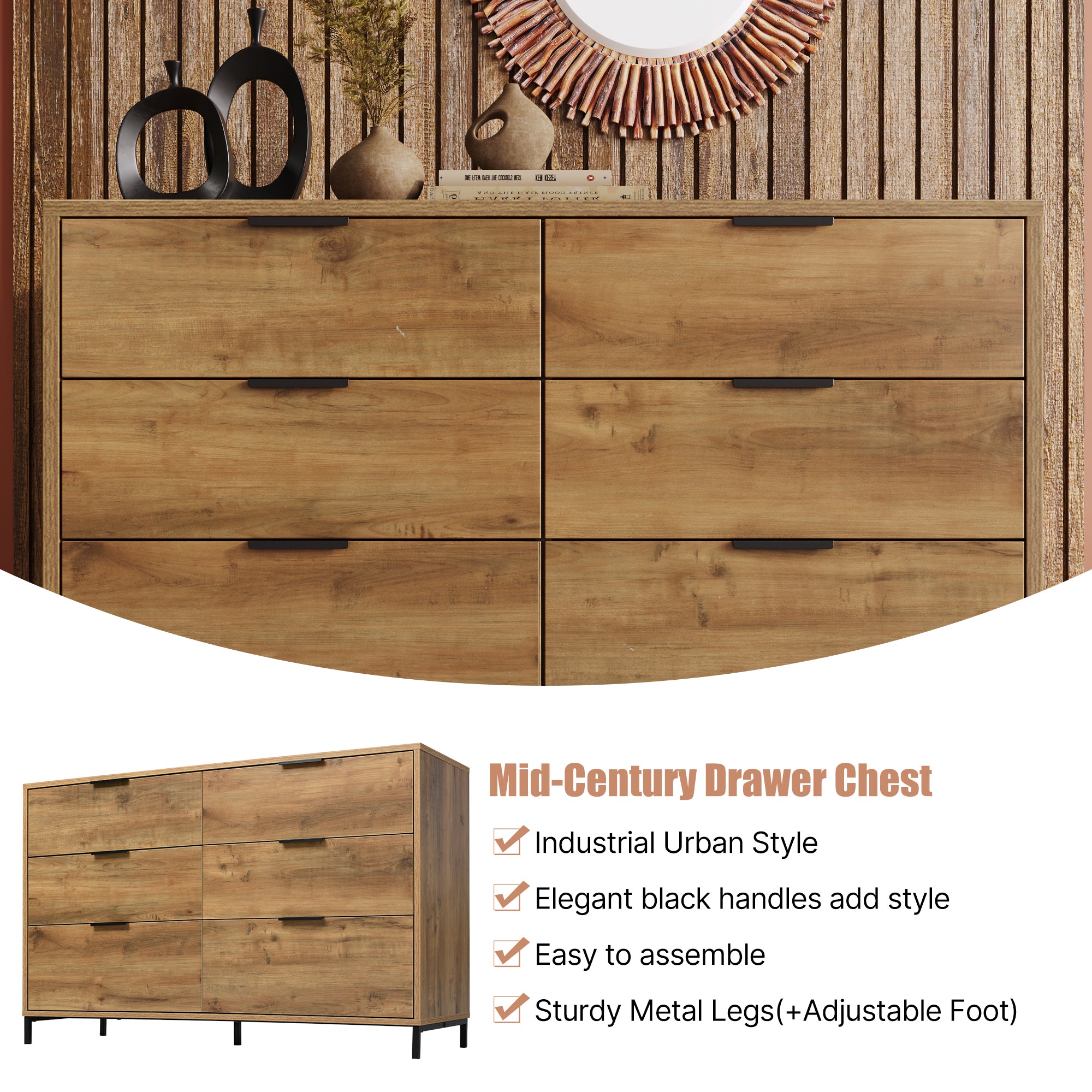 Sideboard Cabinet for Living Room, Chest of Drawers with 6 drawers, Dark Oak, 40D x 120W x 76H centimetres