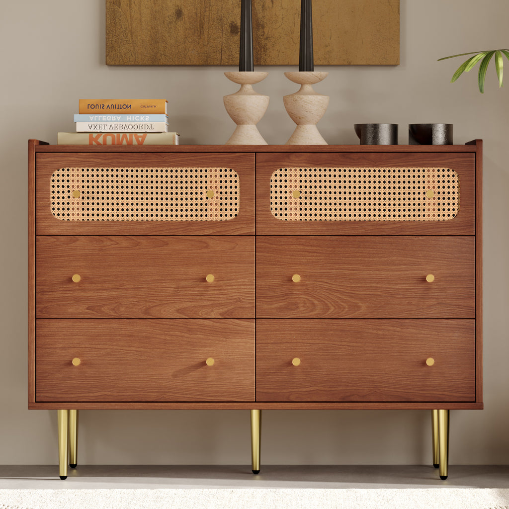 (=835758AAT) Rattan Sideboard Cabinet for Living Room, Chest of Drawers with 6 drawers, Walnut - 40D x 120W x 90H cm