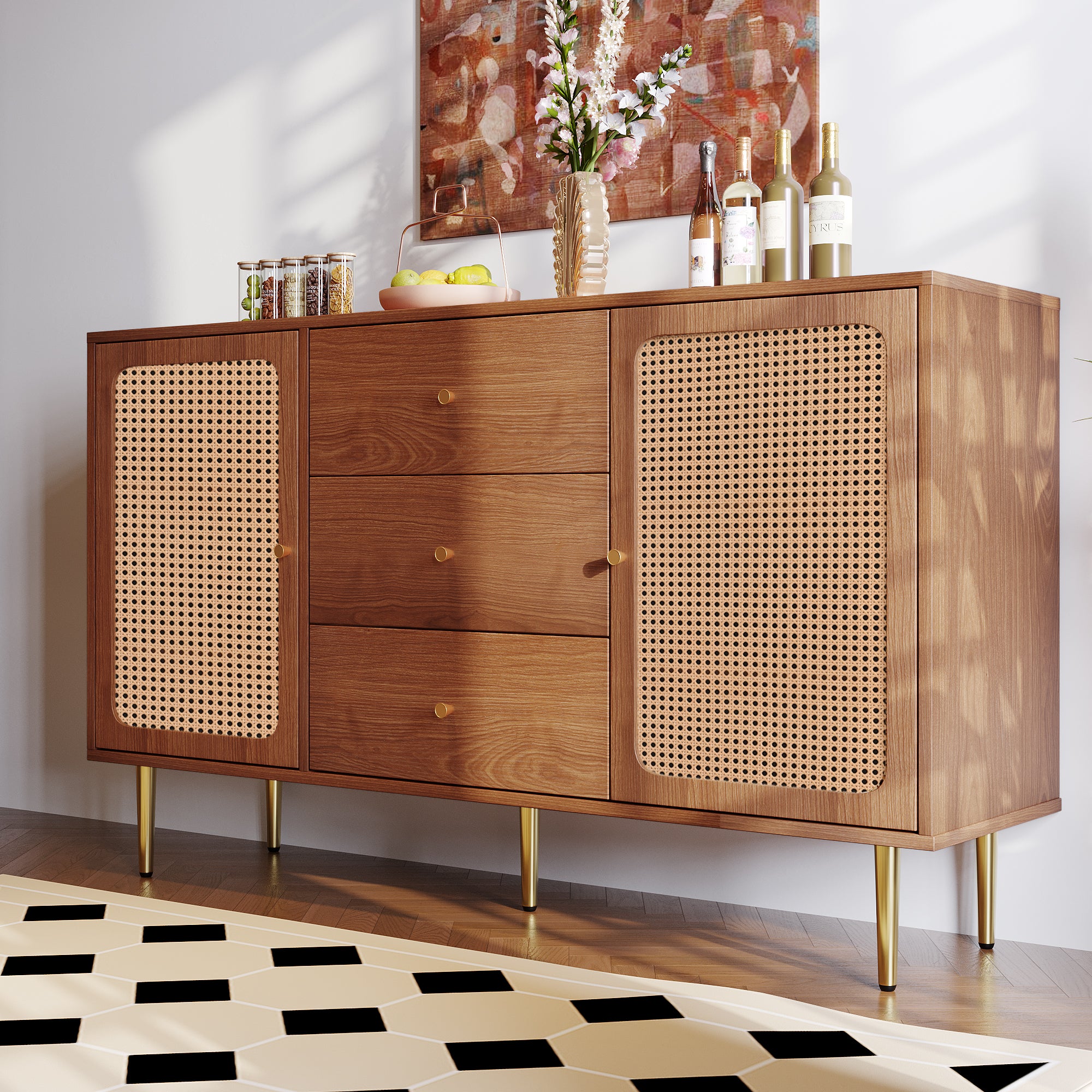 Rattan Sideboard Cabinet for Living Room, Chest of Drawers with with 2 doors and 3 drawers, Adjustable shelf, Walnut -90H/150W/40D cm