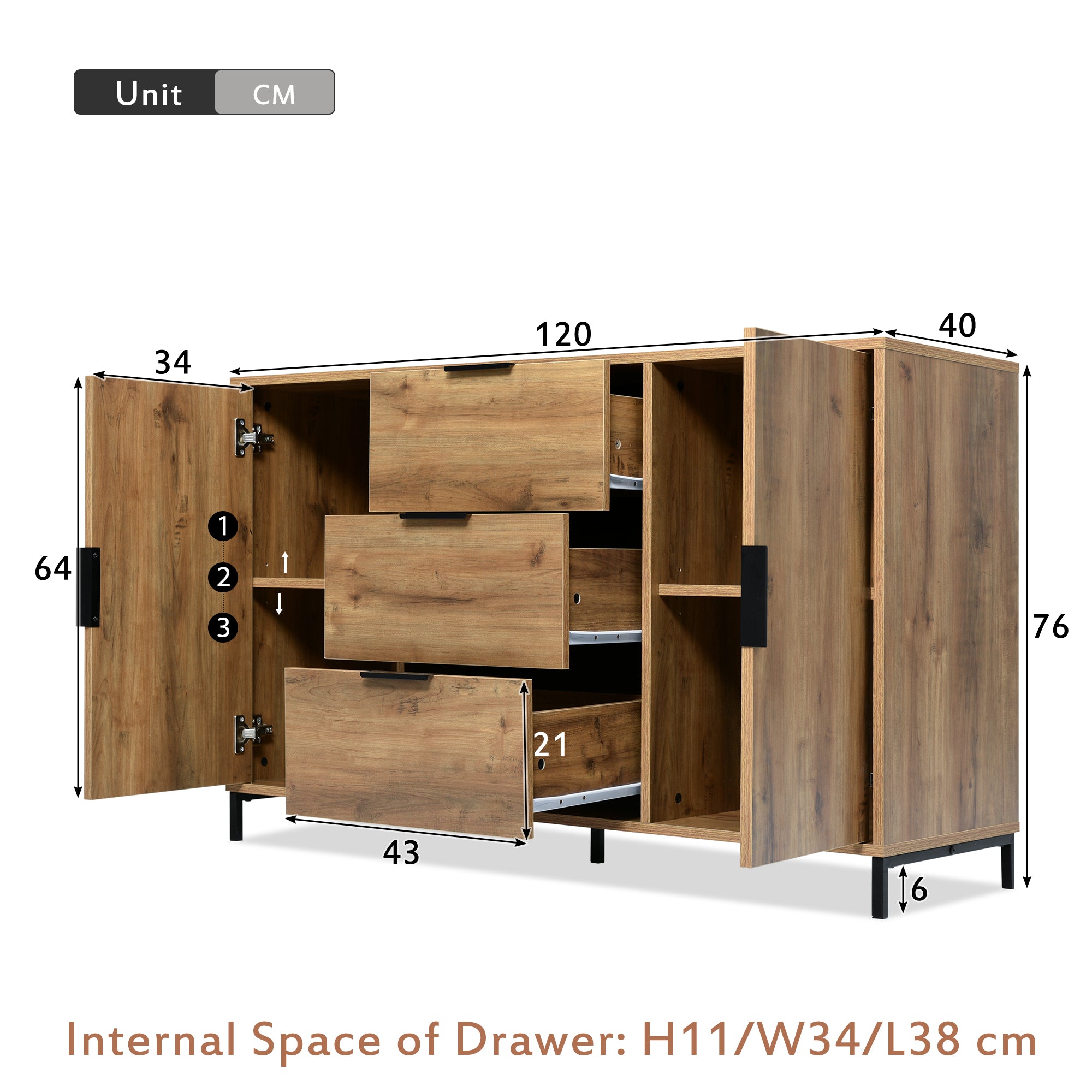 Sideboard Cabinet for Living Room, Chest of Drawers with with 2 doors and 3 drawers, Adjustable shelf, Dark Oak, 40D x 120W x 76H centimetres