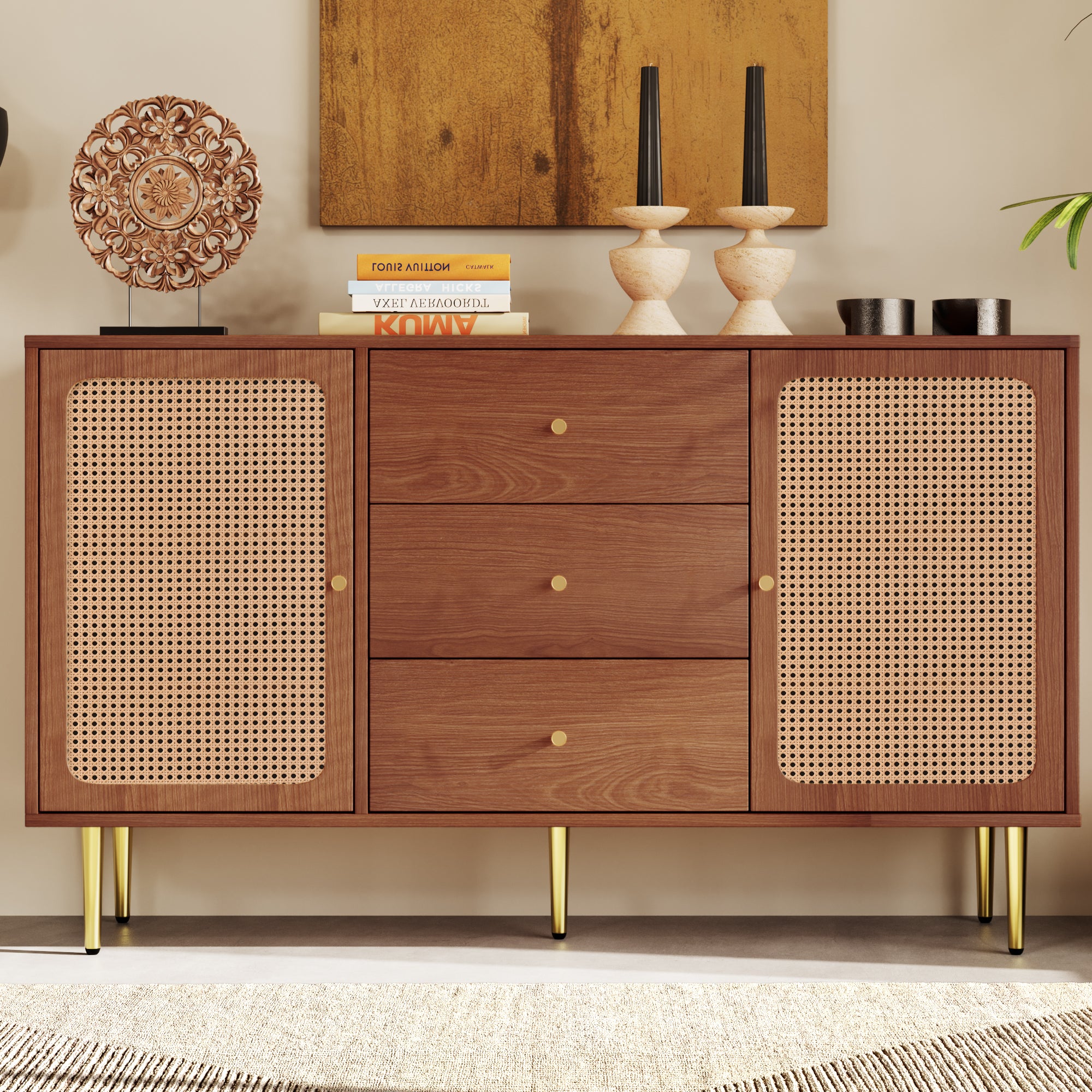 (=835960AAT) Rattan Sideboard Cabinet for Living Room, Chest of Drawers, Sideboard with 2 Doors and 3 Drawers, Adjustable Shelf, Walnut -90H/150W/40D cm