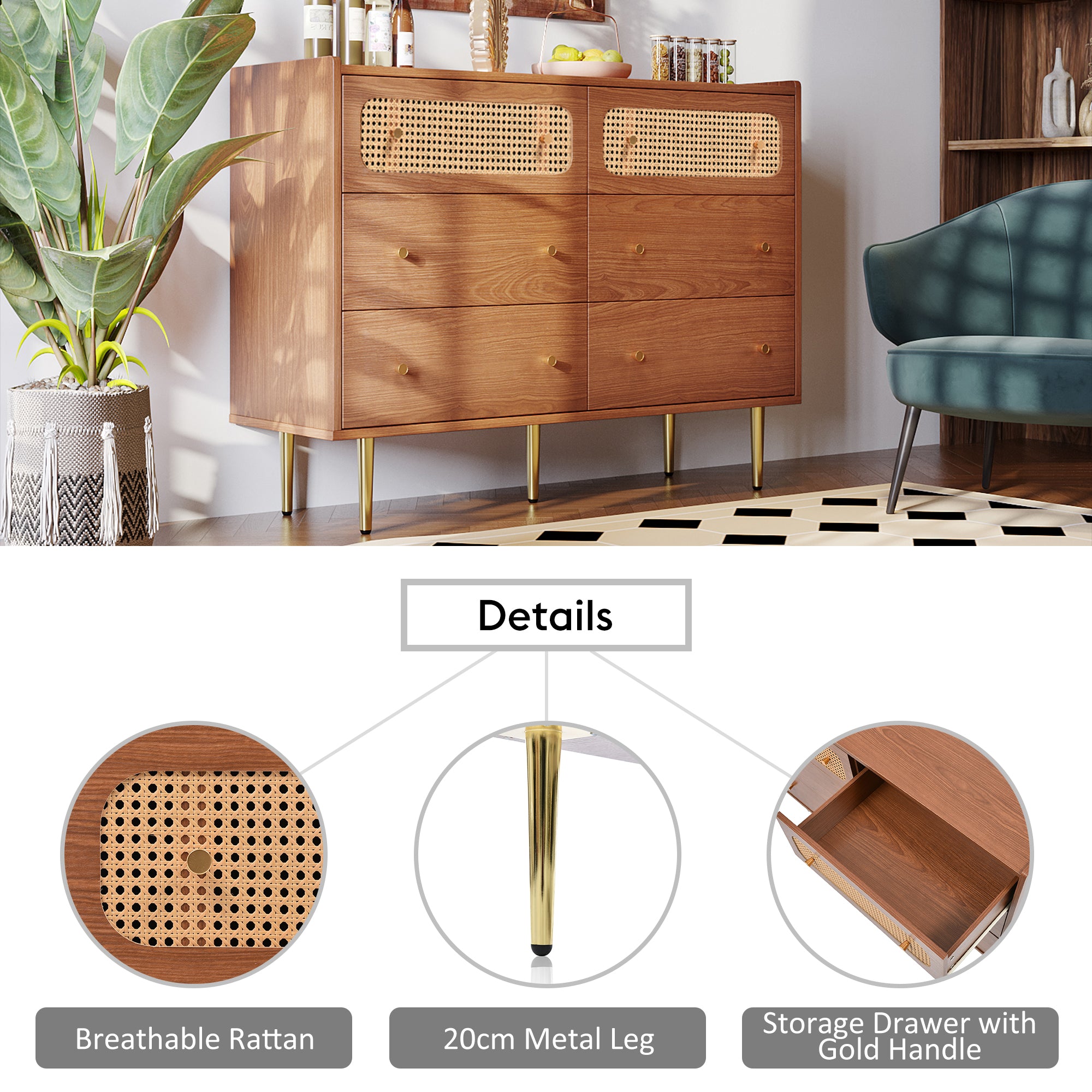 (=835758AAT) Rattan Sideboard Cabinet for Living Room, Chest of Drawers with 6 drawers, Walnut - 40D x 120W x 90H cm