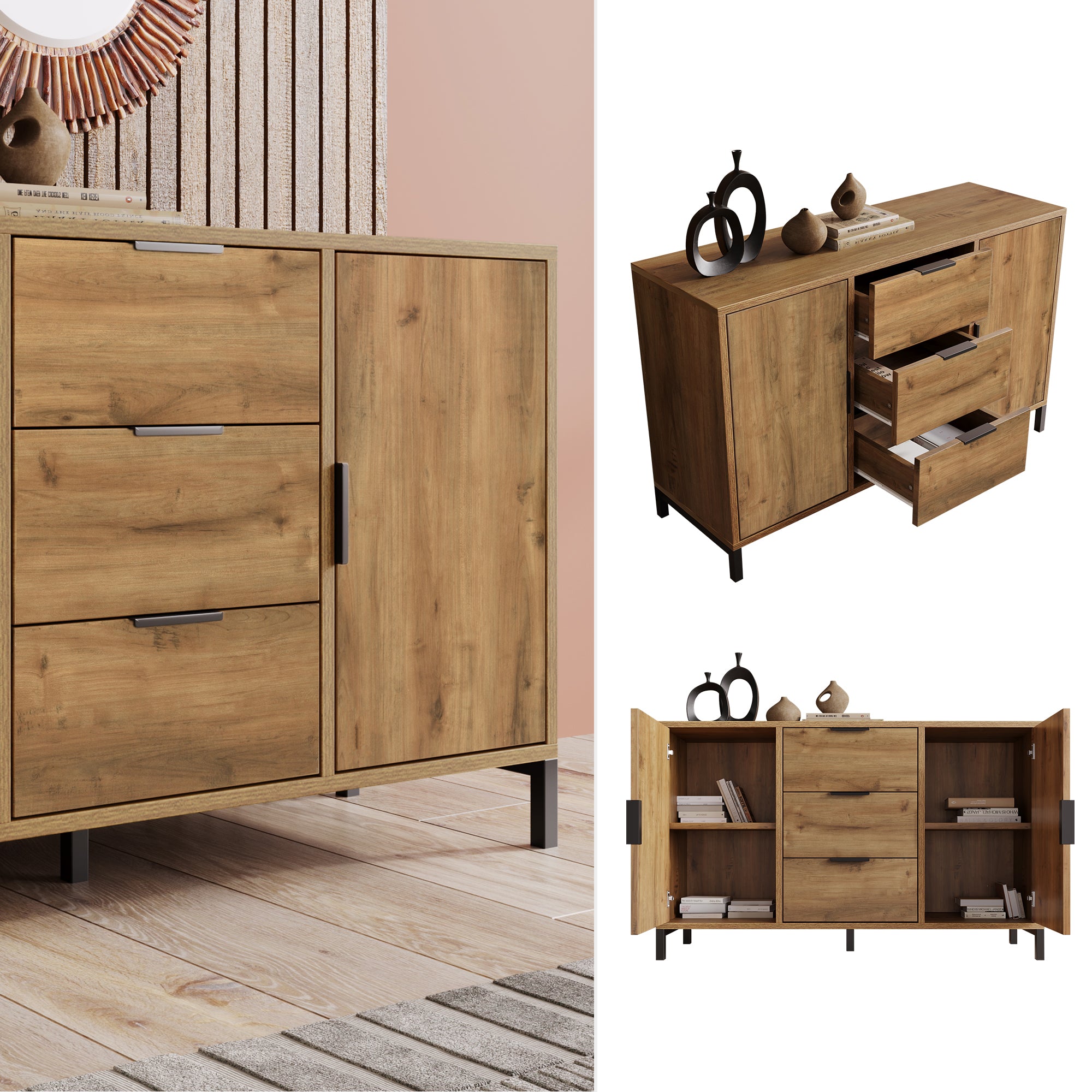 Sideboard Cabinet for Living Room, Chest of Drawers with with 2 doors and 3 drawers, Adjustable shelf, Dark Oak, 40D x 120W x 76H centimetres