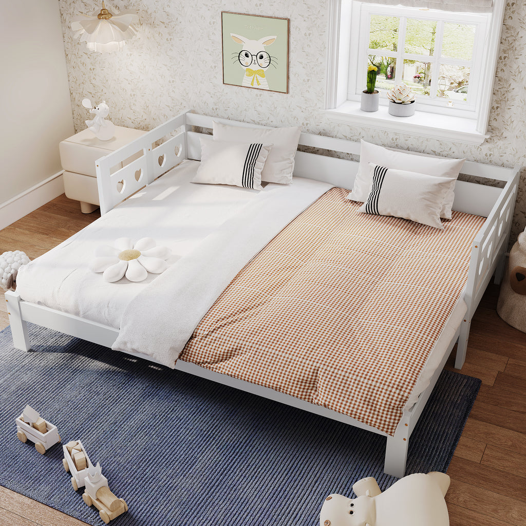 Daybed Cabin Bed Wooden 3FT Single Sofa Guest Bed Sofa Bed, Pull out Trundle Wooden Bed Heart-Shaped  For Children Adults Bed for Living Room and Bedroom  -90 x190 cm -White