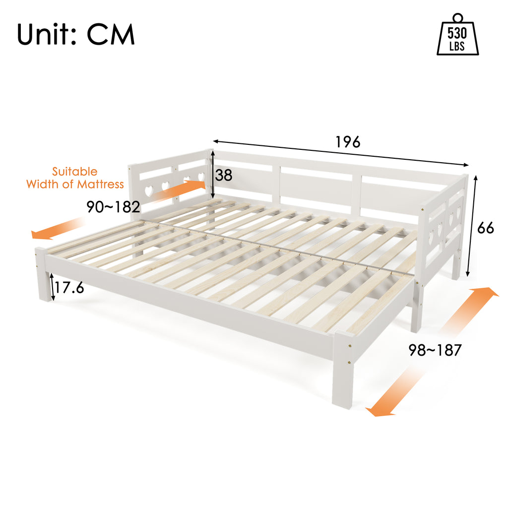 Daybed Cabin Bed Wooden 3FT Single Sofa Guest Bed Sofa Bed, Pull out Trundle Wooden Bed Heart-Shaped  For Children Adults Bed for Living Room and Bedroom  -90 x190 cm -White
