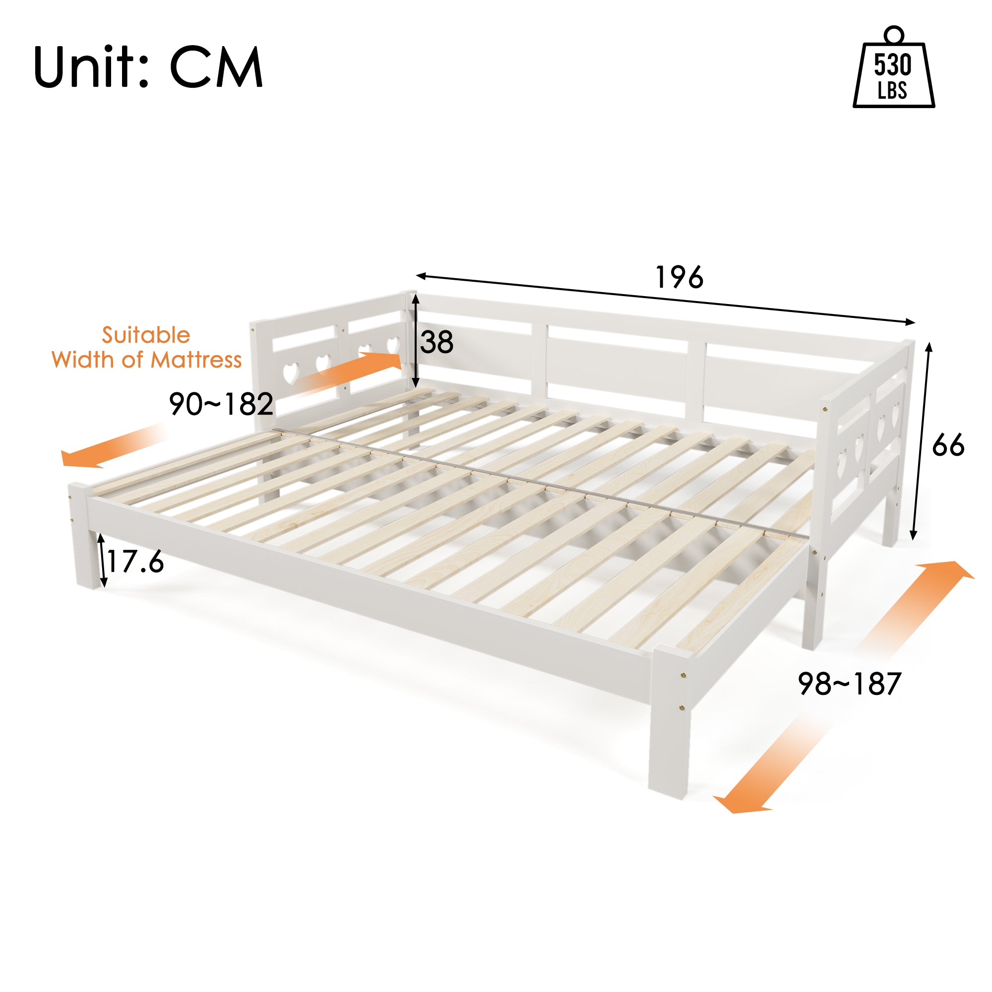 Daybed Cabin Bed Wooden 3FT Single Sofa Guest Bed Sofa Bed, Pull out Trundle Wooden Bed Heart-Shaped  For Children Adults Bed for Living Room and Bedroom  -90 x190 cm -White