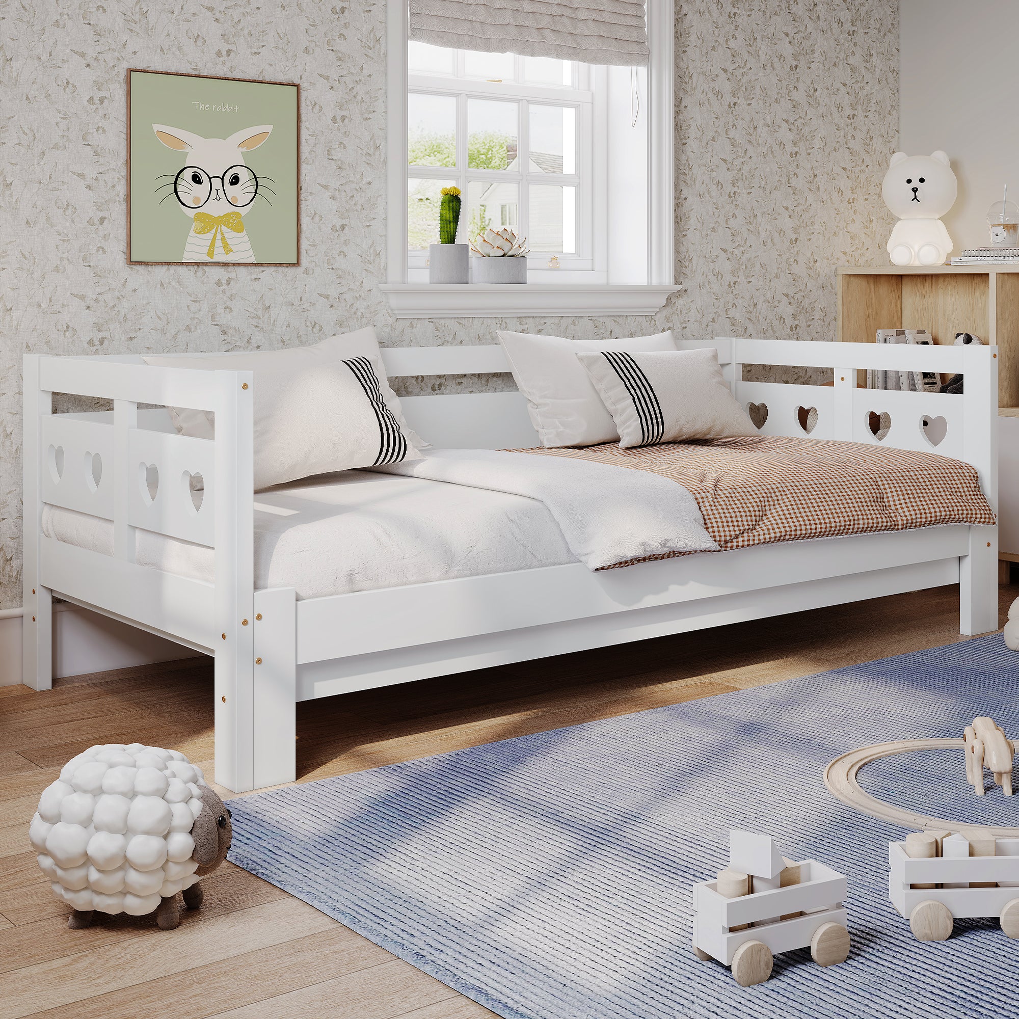 Daybed Cabin Bed Wooden 3FT Single Sofa Guest Bed Sofa Bed, Pull out Trundle Wooden Bed Heart-Shaped  For Children Adults Bed for Living Room and Bedroom  -90 x190 cm -White