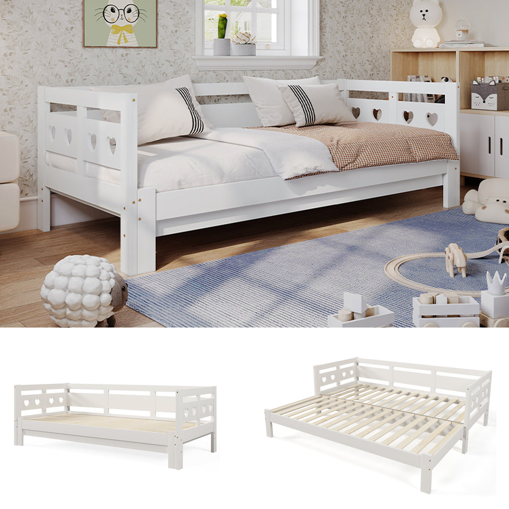 Daybed Cabin Bed Wooden 3FT Single Sofa Guest Bed Sofa Bed, Pull out Trundle Wooden Bed Heart-Shaped  For Children Adults Bed for Living Room and Bedroom  -90 x190 cm -White