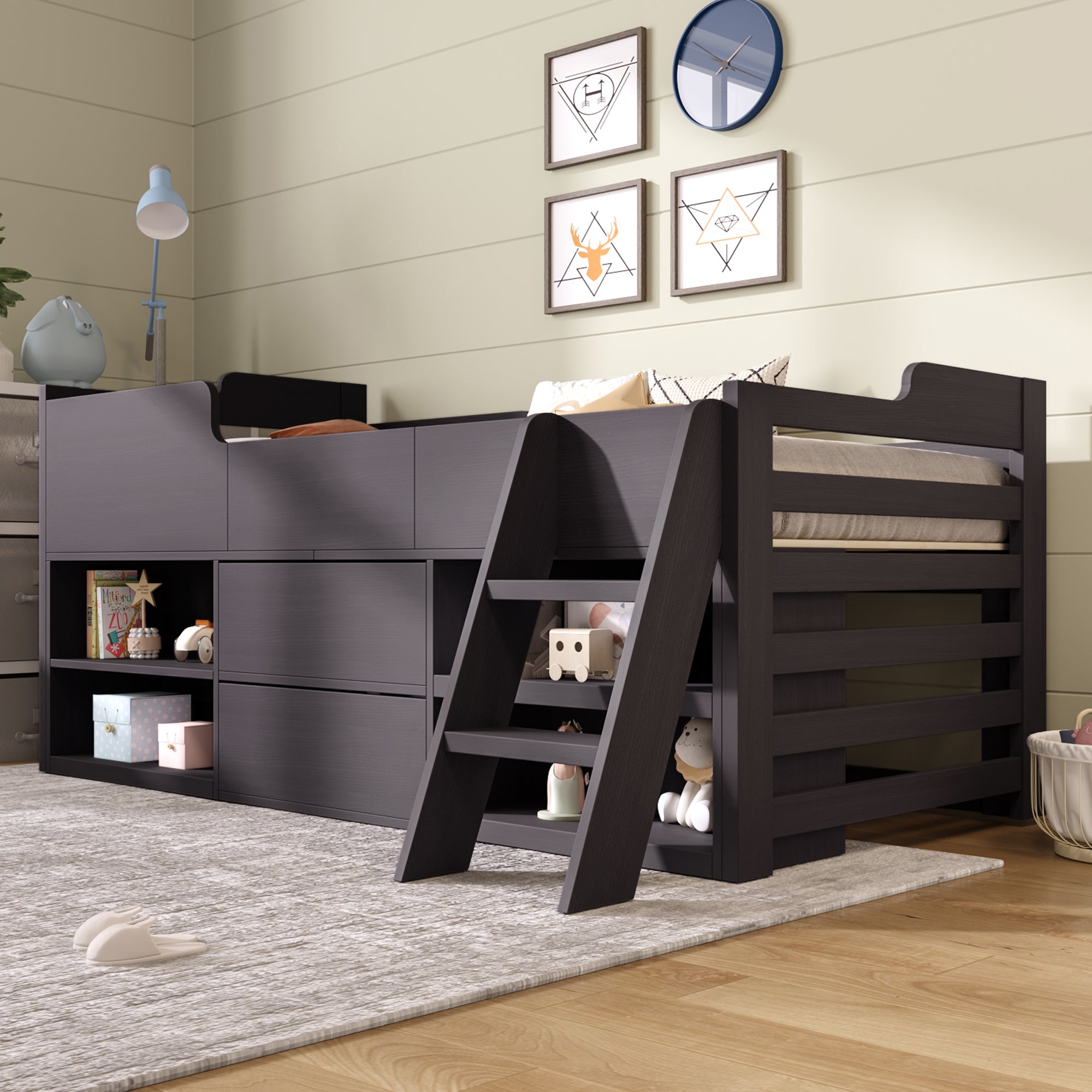 Cabin Bed Mid Sleeper Bed Frame Storage Kids Wooden bed with Drawers Shelf Storage Low Sleeper Bed  3ft Single Children's Wooden Bed - 3ft Single (90 x 190 cm) Frame Only