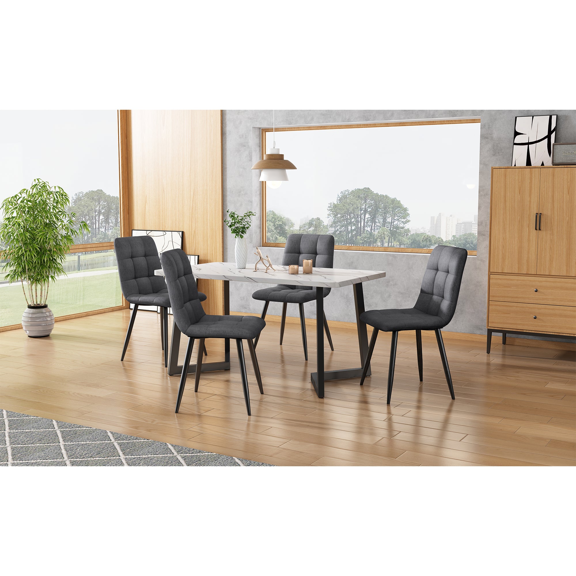 Dining Chair (4 pcs), Dark Grey,4-Set Linen Upholstered Chair Design Chair with Backrest,Seat in Linen, Metal Frame