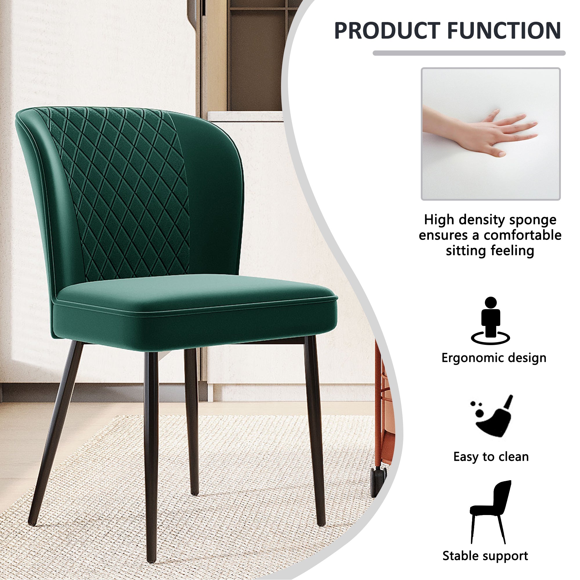 Velvet  dining chair (2 pcs), dark green, Modern Vanity Chair Kitchen Accent Occasional Chair with Metal Legs for Dining Room Living Room,upholstered chair  with backrest,seat in velvet metal frame