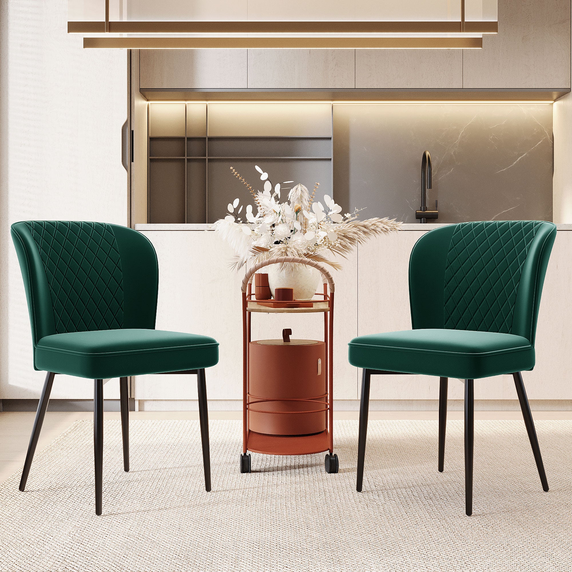 Velvet  dining chair (2 pcs), dark green, Modern Vanity Chair Kitchen Accent Occasional Chair with Metal Legs for Dining Room Living Room,upholstered chair  with backrest,seat in velvet metal frame