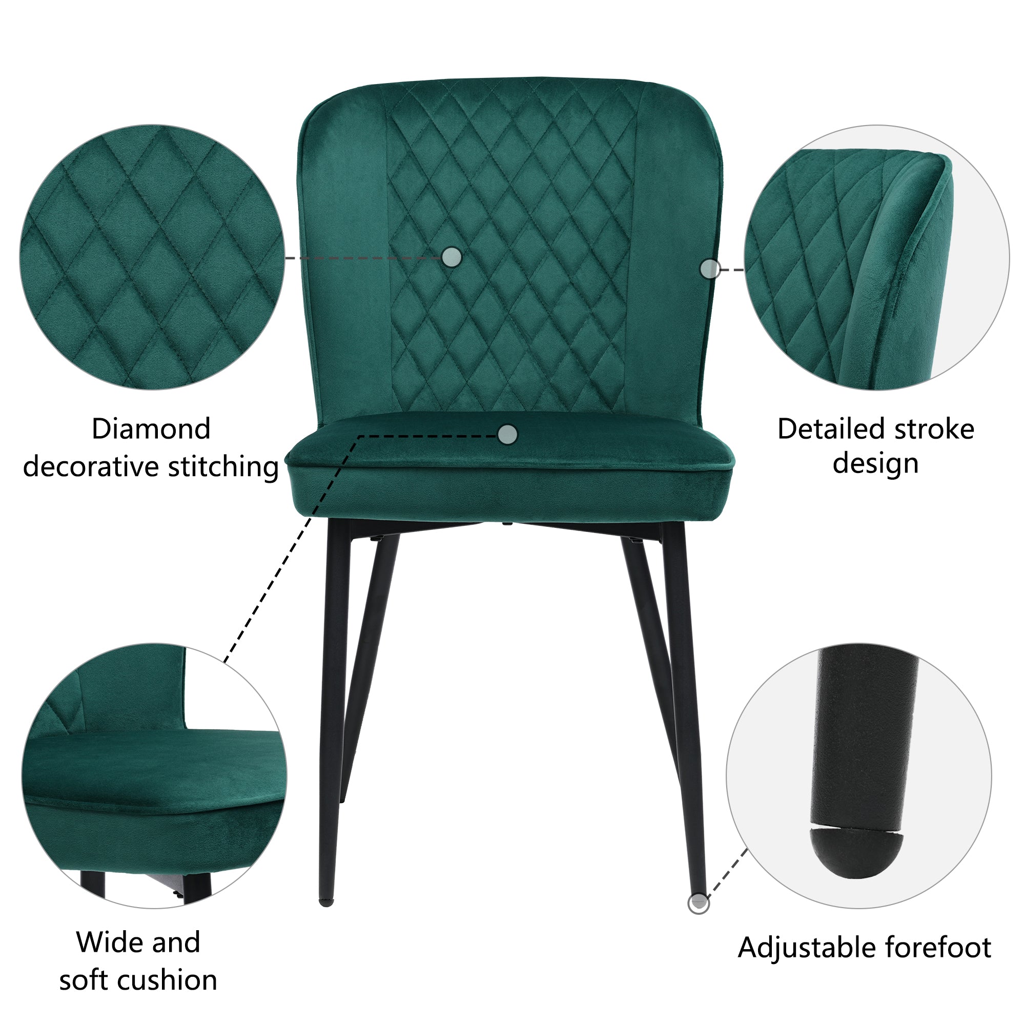 Velvet  dining chair (2 pcs), dark green, Modern Vanity Chair Kitchen Accent Occasional Chair with Metal Legs for Dining Room Living Room,upholstered chair  with backrest,seat in velvet metal frame