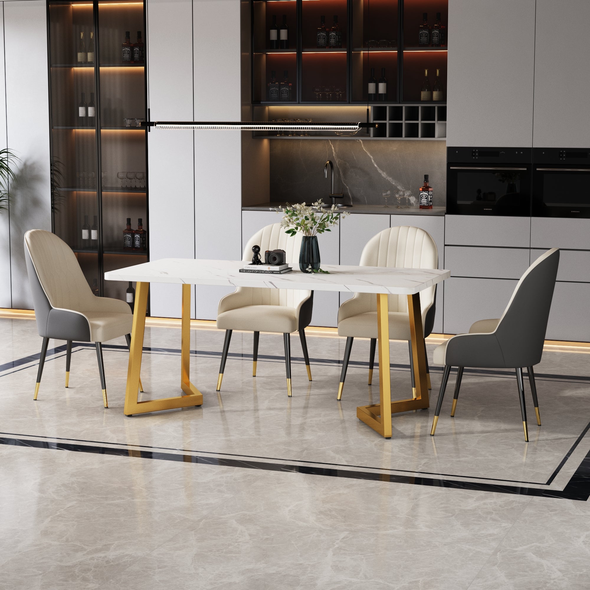 Modern Marble Rectangular Dining Table with Metal Legs