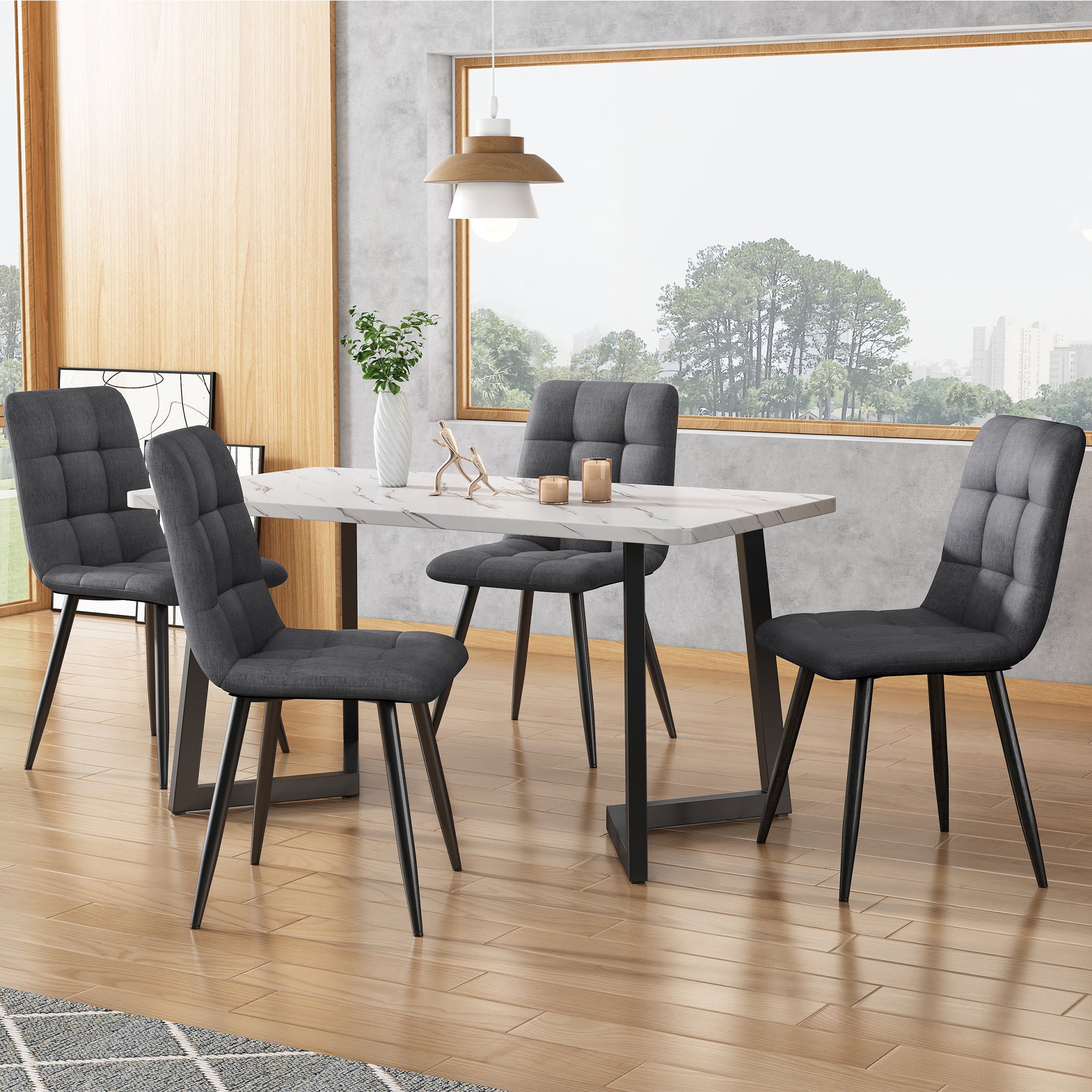 Dining Chair (4 pcs), Dark Grey,4-Set Linen Upholstered Chair Design Chair with Backrest,Seat in Linen, Metal Frame