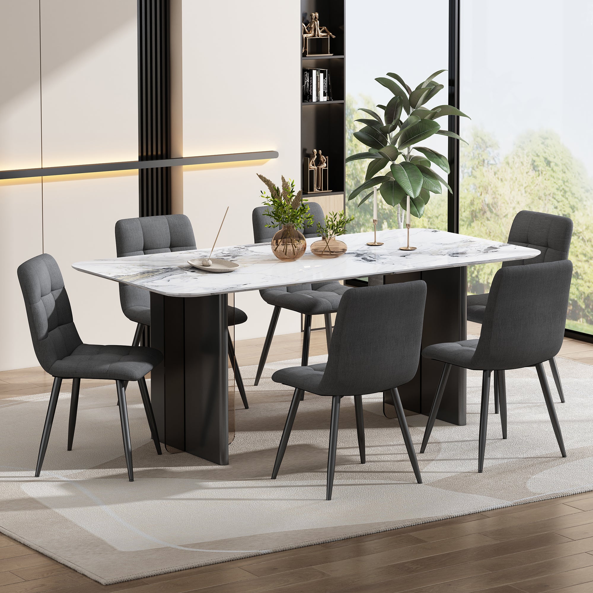 Dining Chair (4 pcs), Dark Grey,4-Set Linen Upholstered Chair Design Chair with Backrest,Seat in Linen, Metal Frame