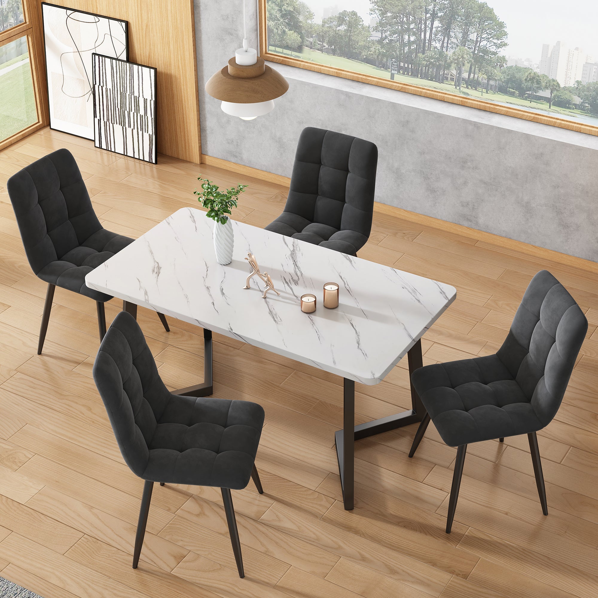 Dining Chair (4 pcs), Dark Grey,4-Set Upholstered Chair Design Chair with Backrest,Seat in Velvet Metal Frame