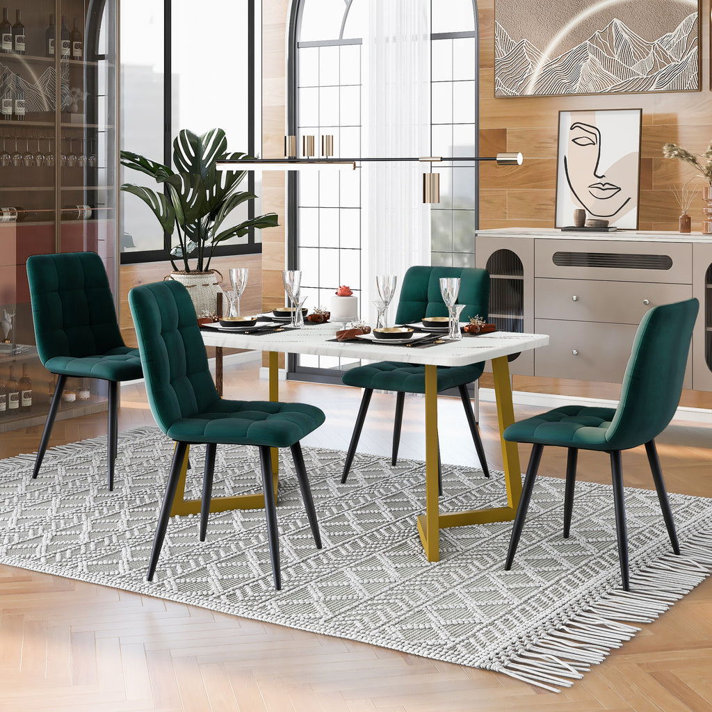 117×68cm Dining Table with 4 Chairs Set, Rectangular Dining Table Modern Kitchen Table Set,Dining Room Chair Dark Green Velvet Kitchen Chair,Golden Table Legs