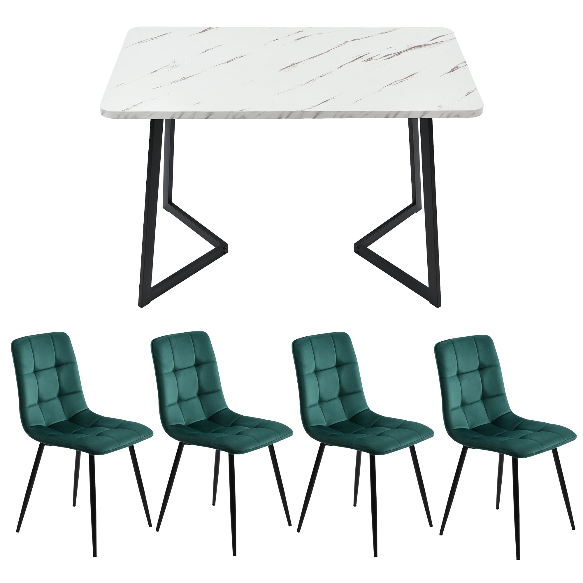 117×68cm Dining Table with 4 Chairs Set, Rectangular Dining Table Modern Kitchen Table Set,Dining Room Chair  Dark green Velvet Kitchen Chair,Black Table Legs
