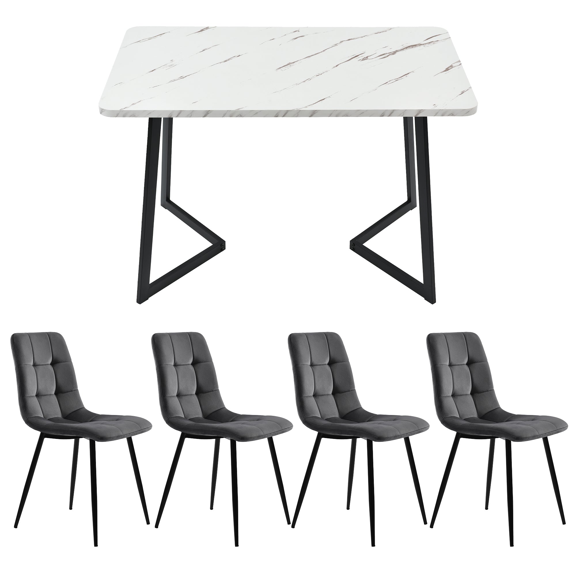 117×68cm Dining Table with 4 Chairs Set, Rectangular Dining Table Modern Kitchen Table Set,Dining Room Chair  dark grey Velvet Kitchen Chair,Black Table Legs