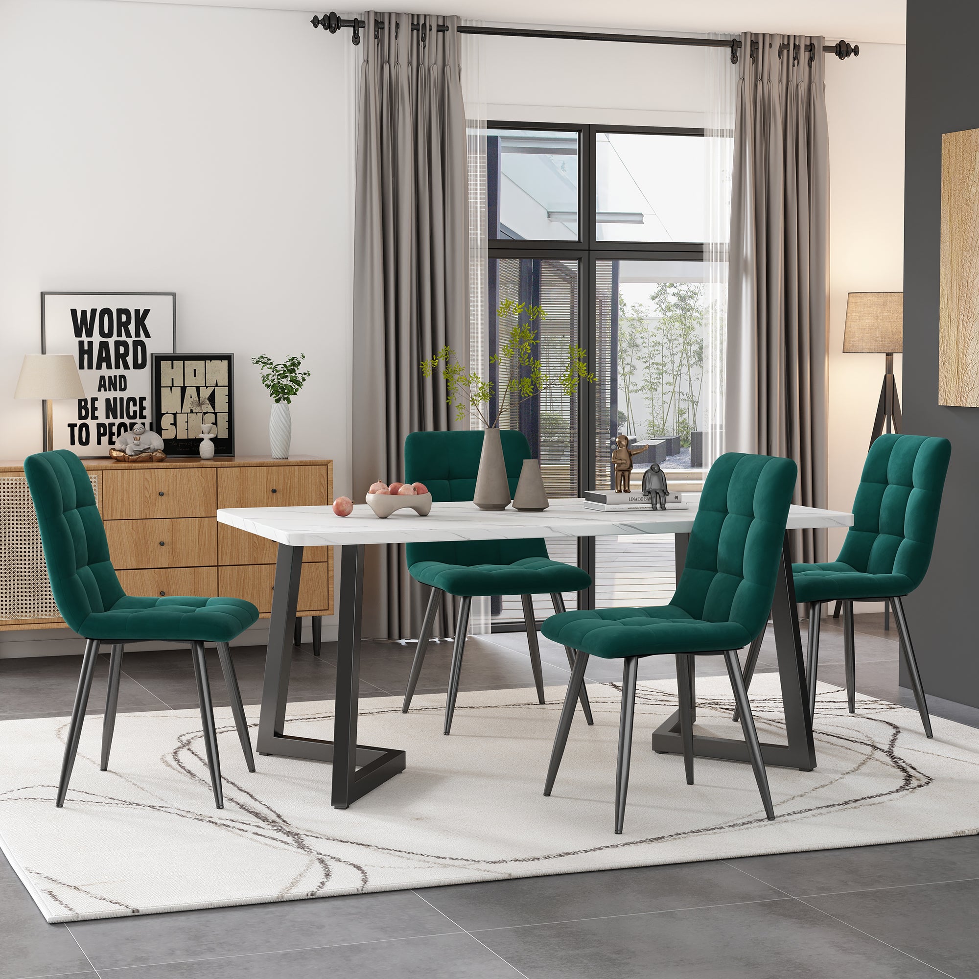 117×68cm Dining Table with 4 Chairs Set, Rectangular Dining Table Modern Kitchen Table Set,Dining Room Chair  Dark green Velvet Kitchen Chair,Black Table Legs