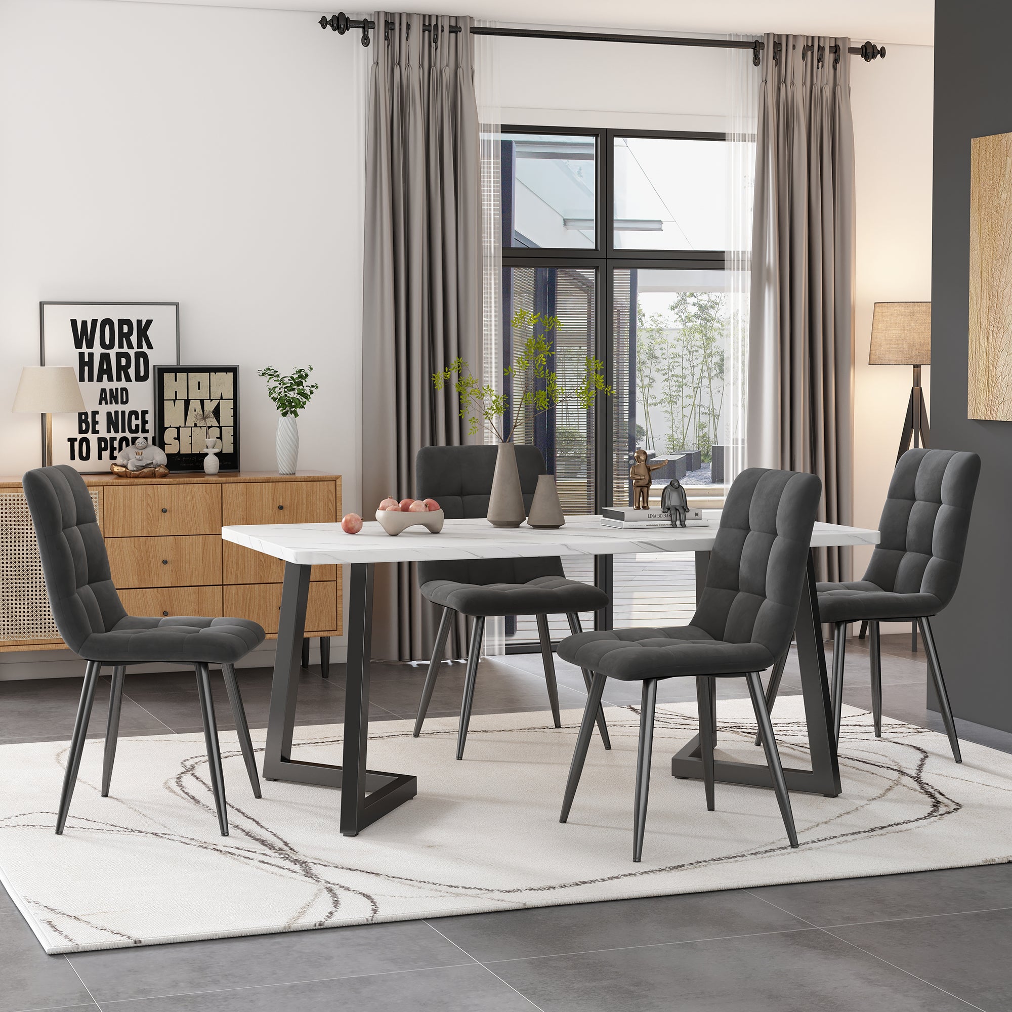 117×68cm Dining Table with 4 Chairs Set, Rectangular Dining Table Modern Kitchen Table Set,Dining Room Chair  dark grey Velvet Kitchen Chair,Black Table Legs