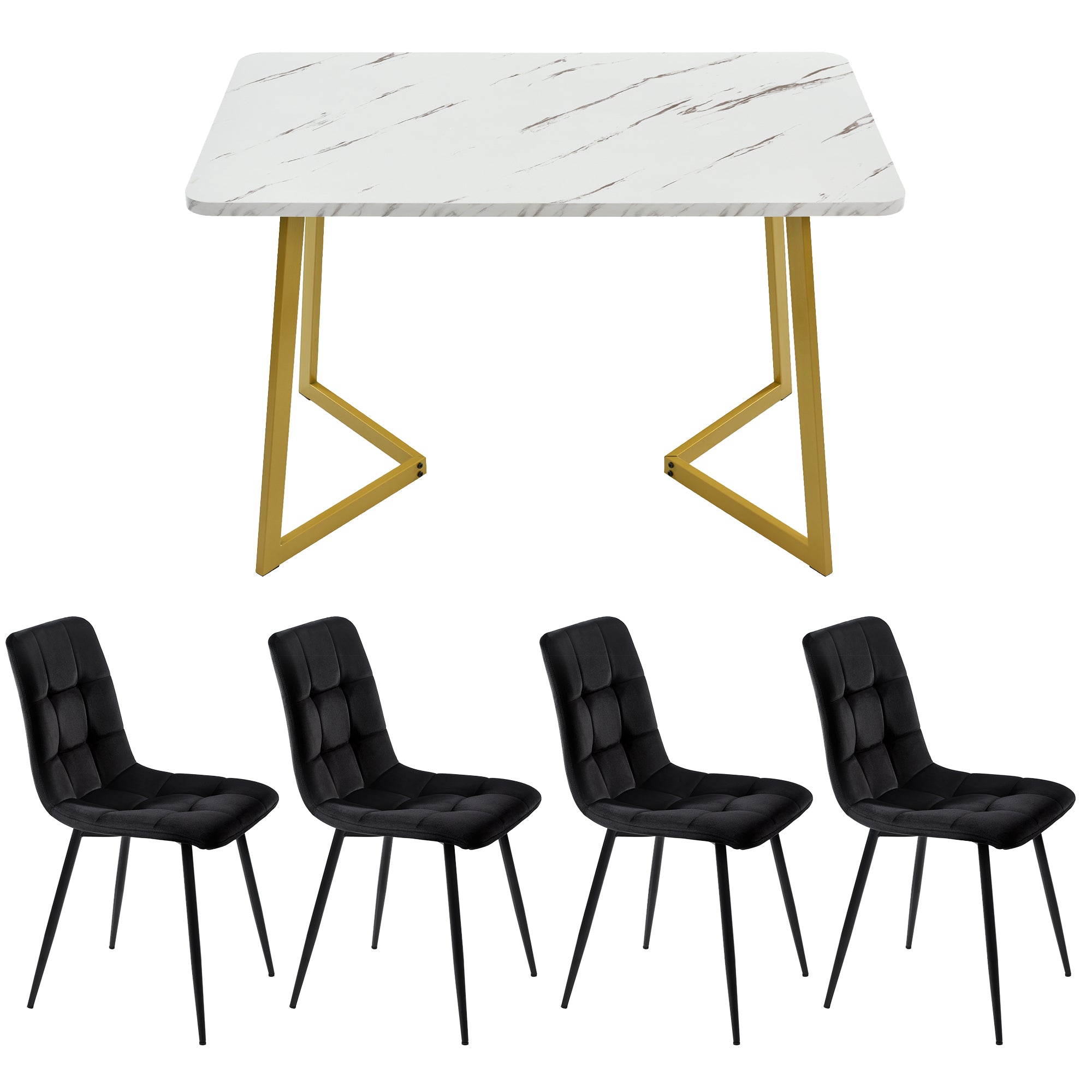 117×68cm Dining Table with 4 Chairs Set, Rectangular Dining Table Modern Kitchen Table Set,Dining Room Chair Black Velvet Kitchen Chair,Golden Table Legs