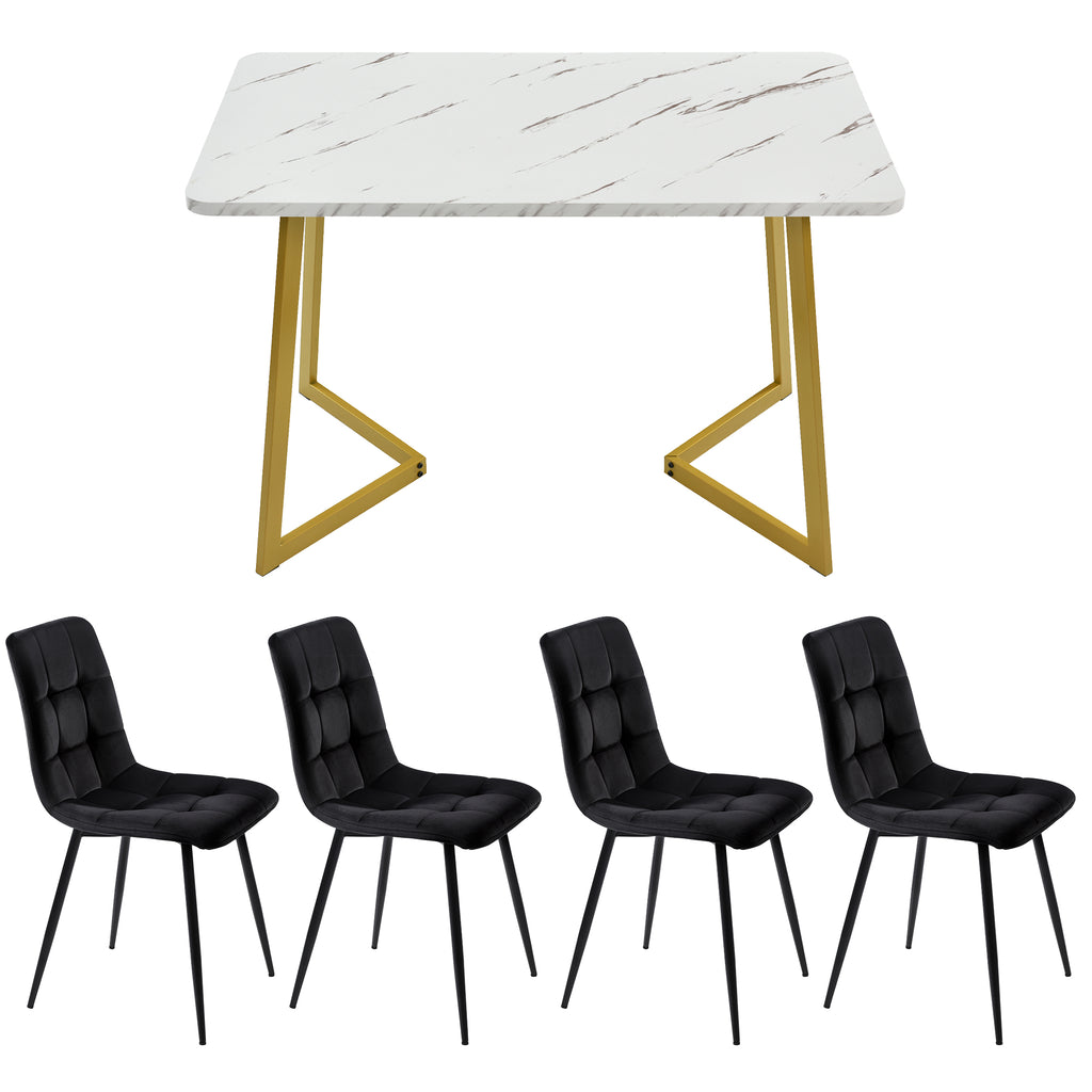 117×68cm Dining Table with 4 Chairs Set, Rectangular Dining Table Modern Kitchen Table Set,Dining Room Chair Black Velvet Kitchen Chair,Golden Table Legs