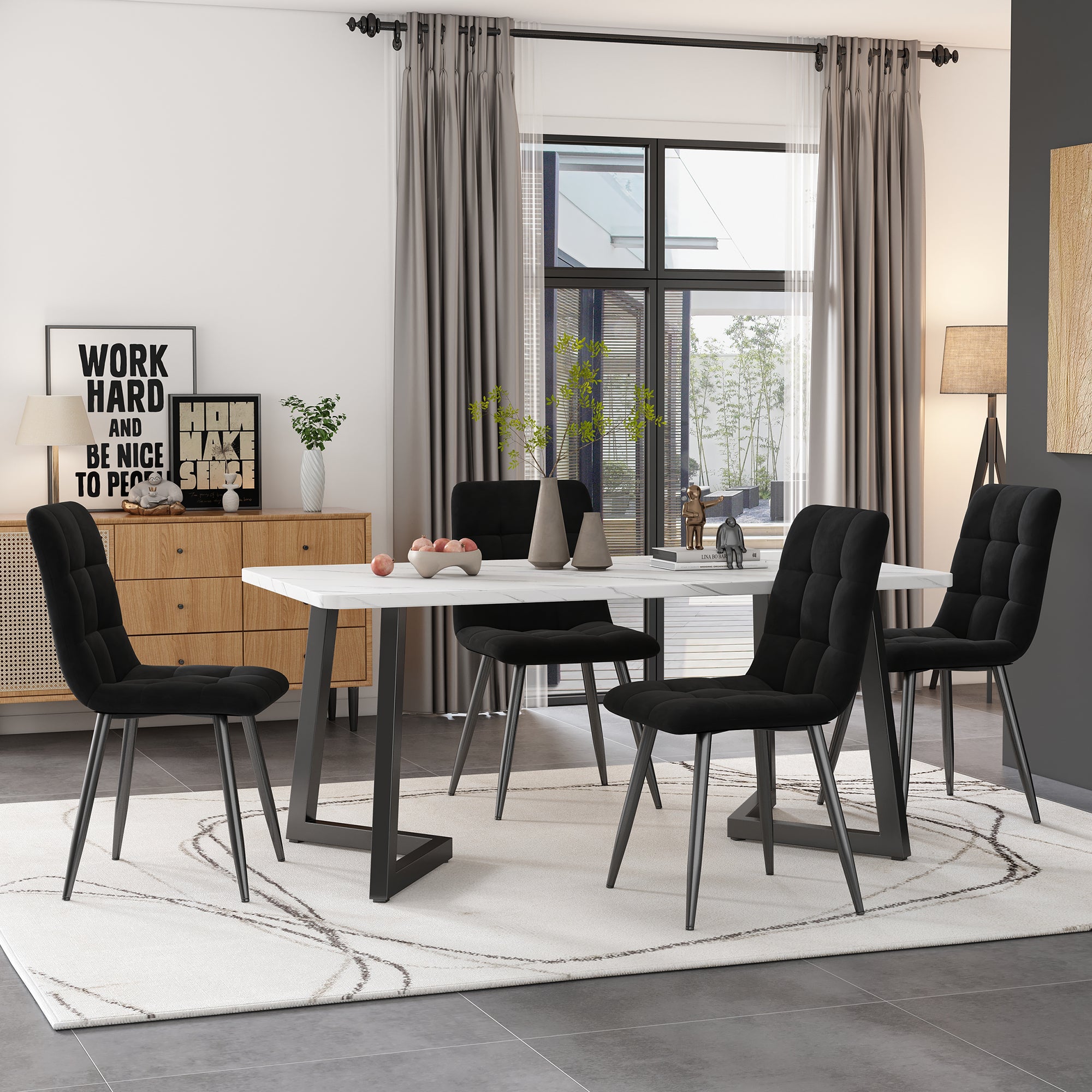 117×68cm Dining Table with 4 Chairs Set, Rectangular Dining Table Modern Kitchen Table Set,Dining Room Chair Black Velvet Kitchen Chair,Black Table Legs