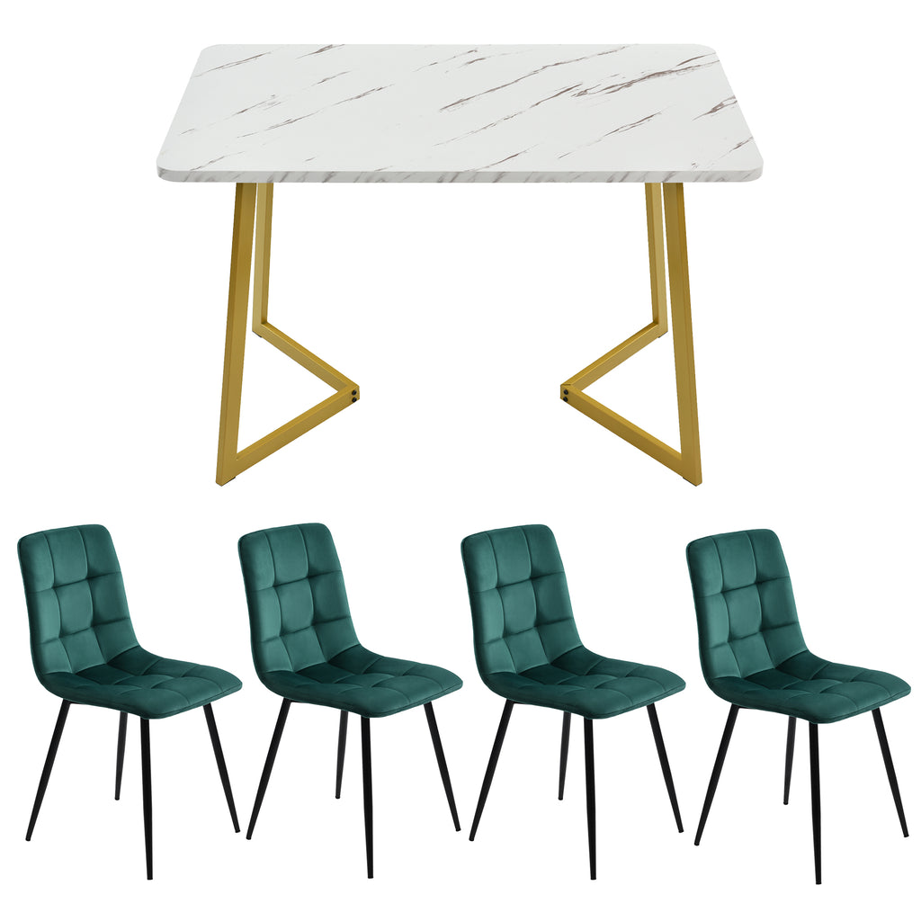 117×68cm Dining Table with 4 Chairs Set, Rectangular Dining Table Modern Kitchen Table Set,Dining Room Chair Dark Green Velvet Kitchen Chair,Golden Table Legs